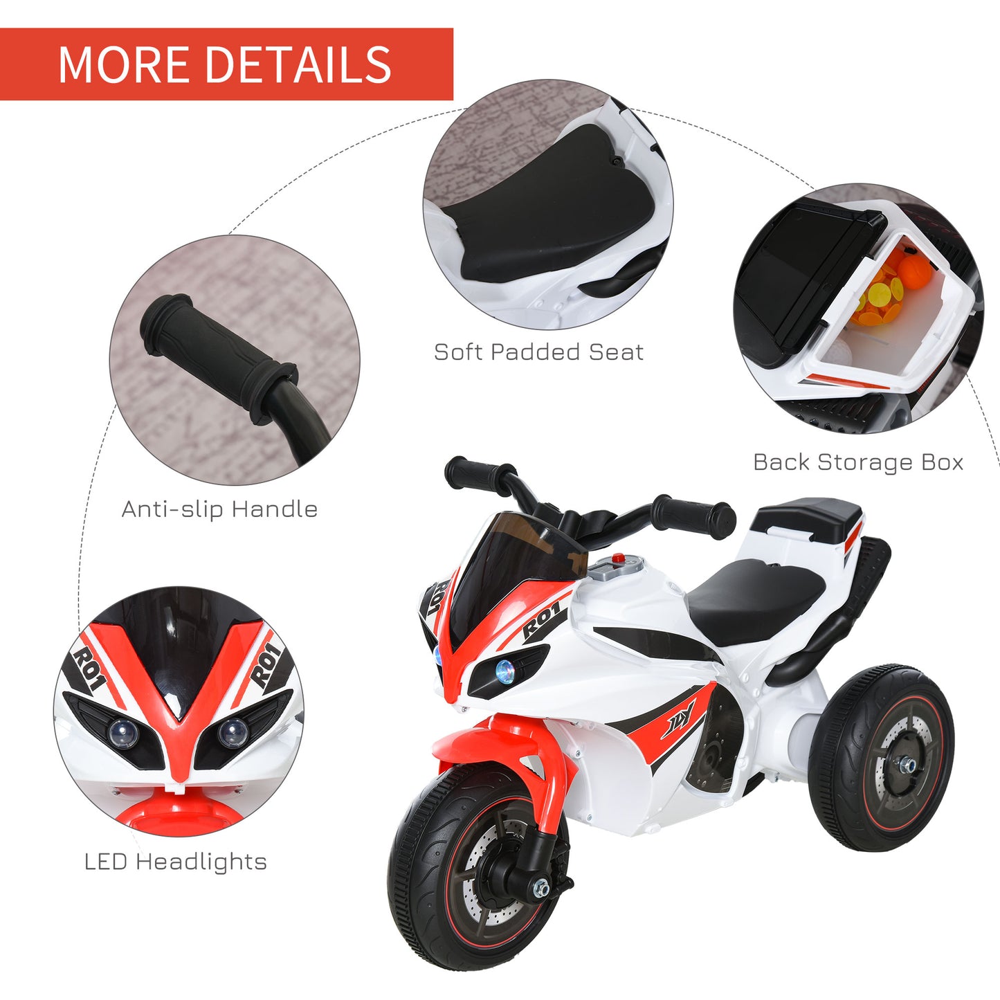 Kids Ride-On Police Bike 3-Wheel Vehicle w/ Music Lights Safe Seat