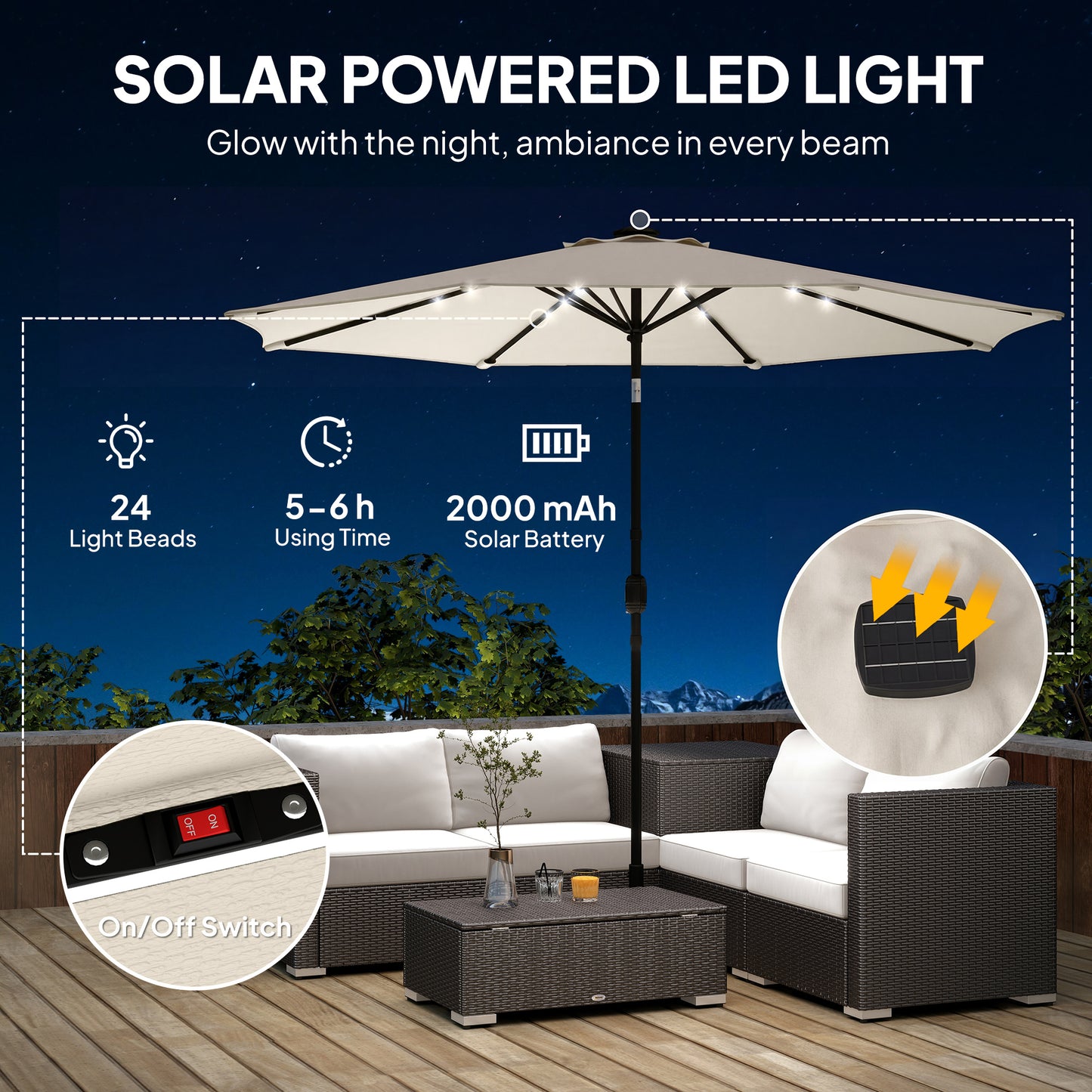 2.6 m Garden Parasol Umbrella with LED Solar Light, Parasol Cover