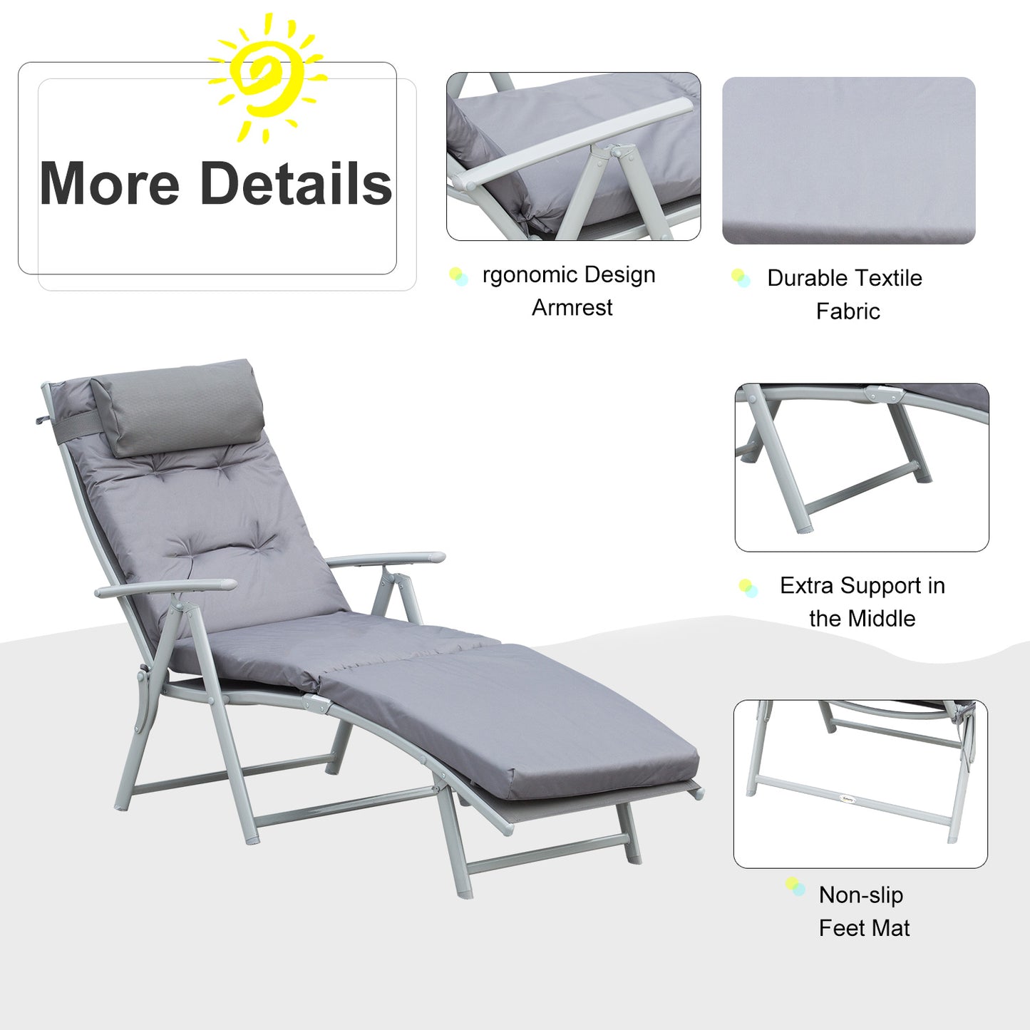Steel Frame Outdoor Garden Padded Sun Lounger w/ Pillow