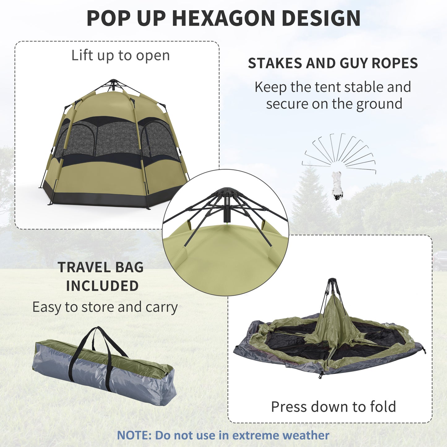 Six Man Hexagon Camping Tent with Hang Hook and Carry Bag