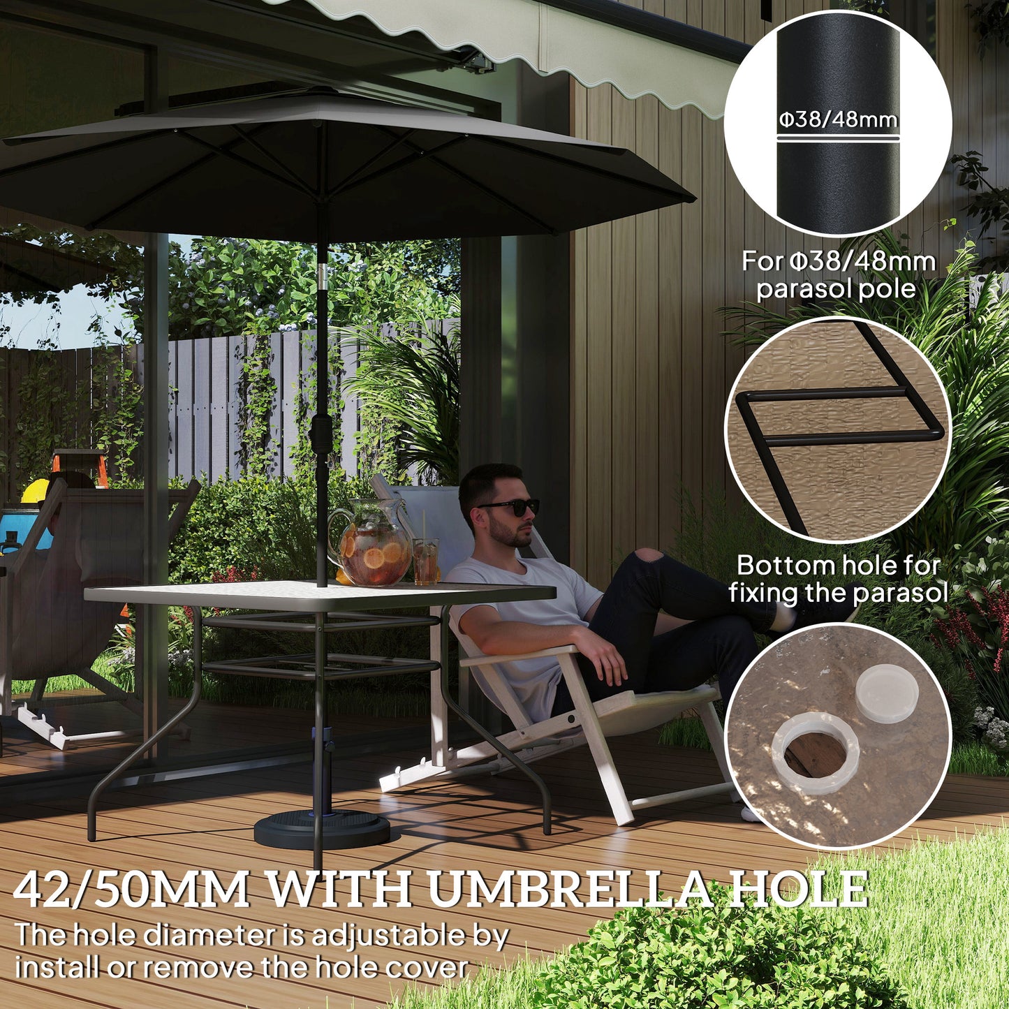 Square Garden Dining Table with Tempered Glass Top & Umbrella Hole (1)
