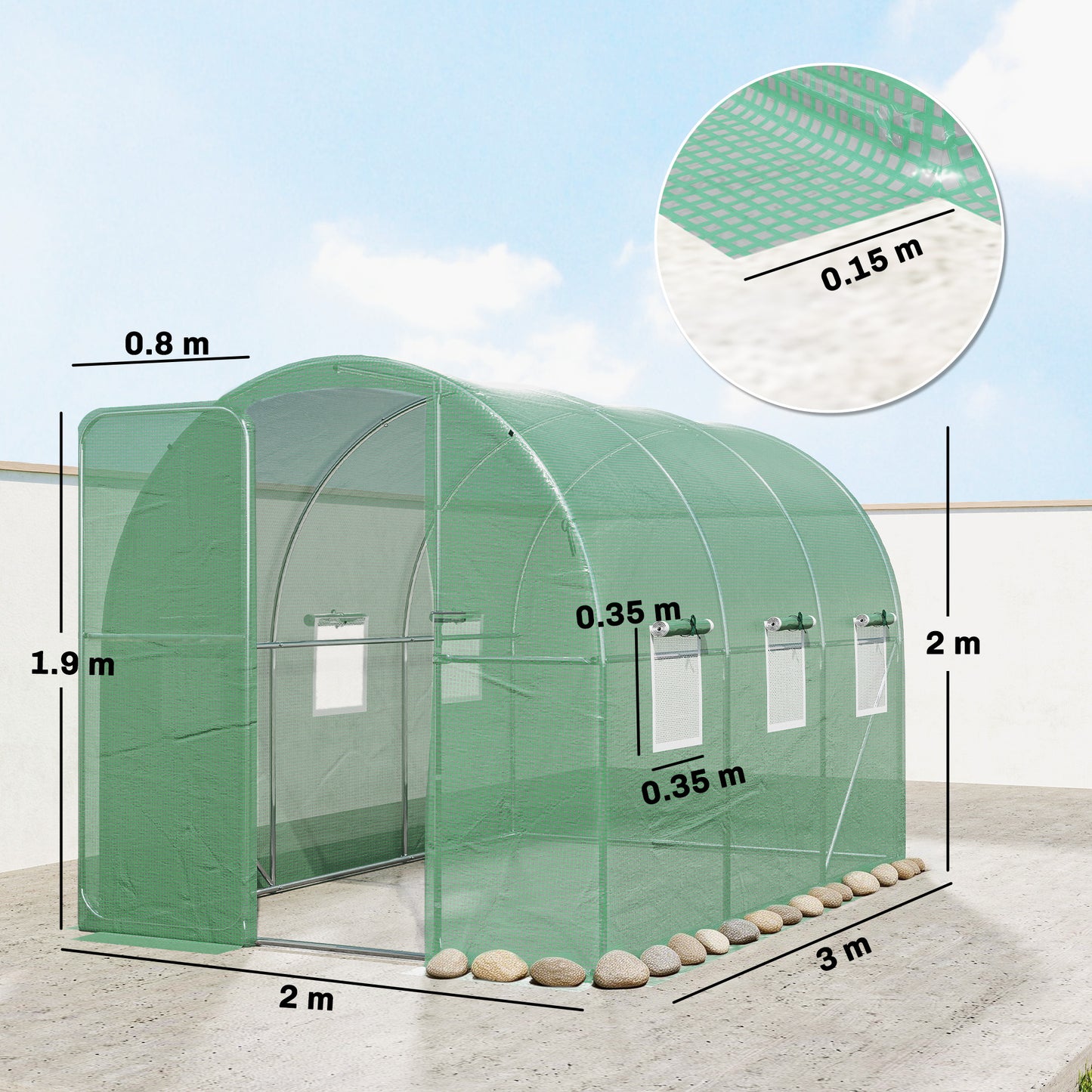 2 x 3 m Walk-in Polytunnel Greenhouse with Hinged Door