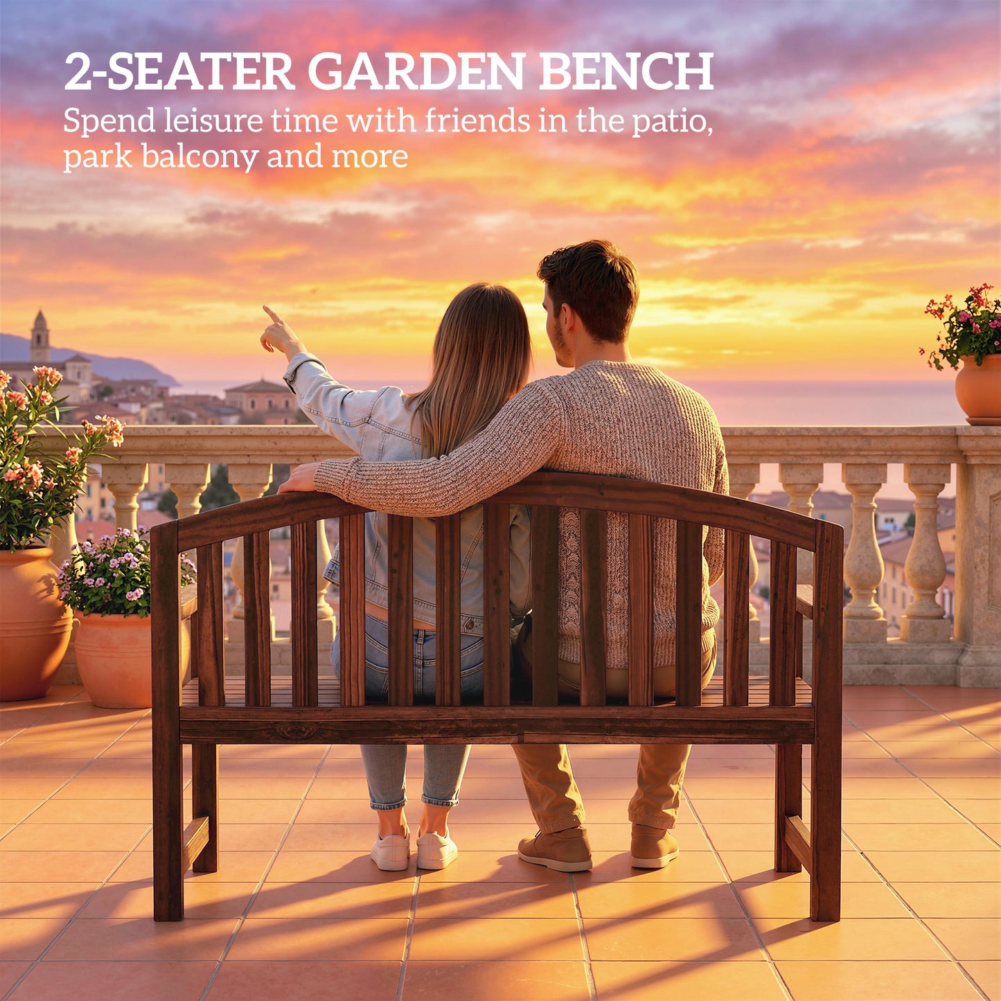 2 Seater Wooden Garden Bench with Armrest