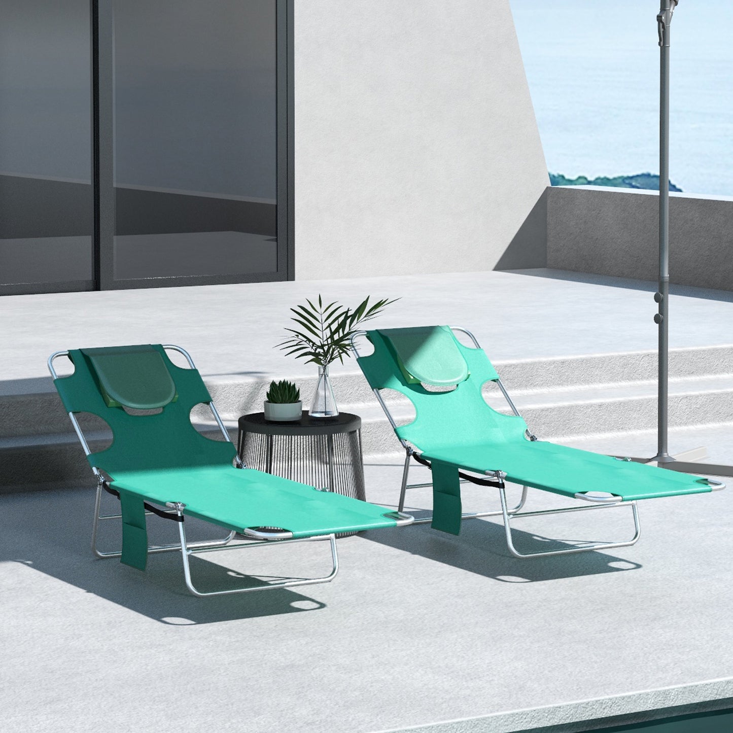 Foldable Sun Lounger Set of 2 with Reading Hole