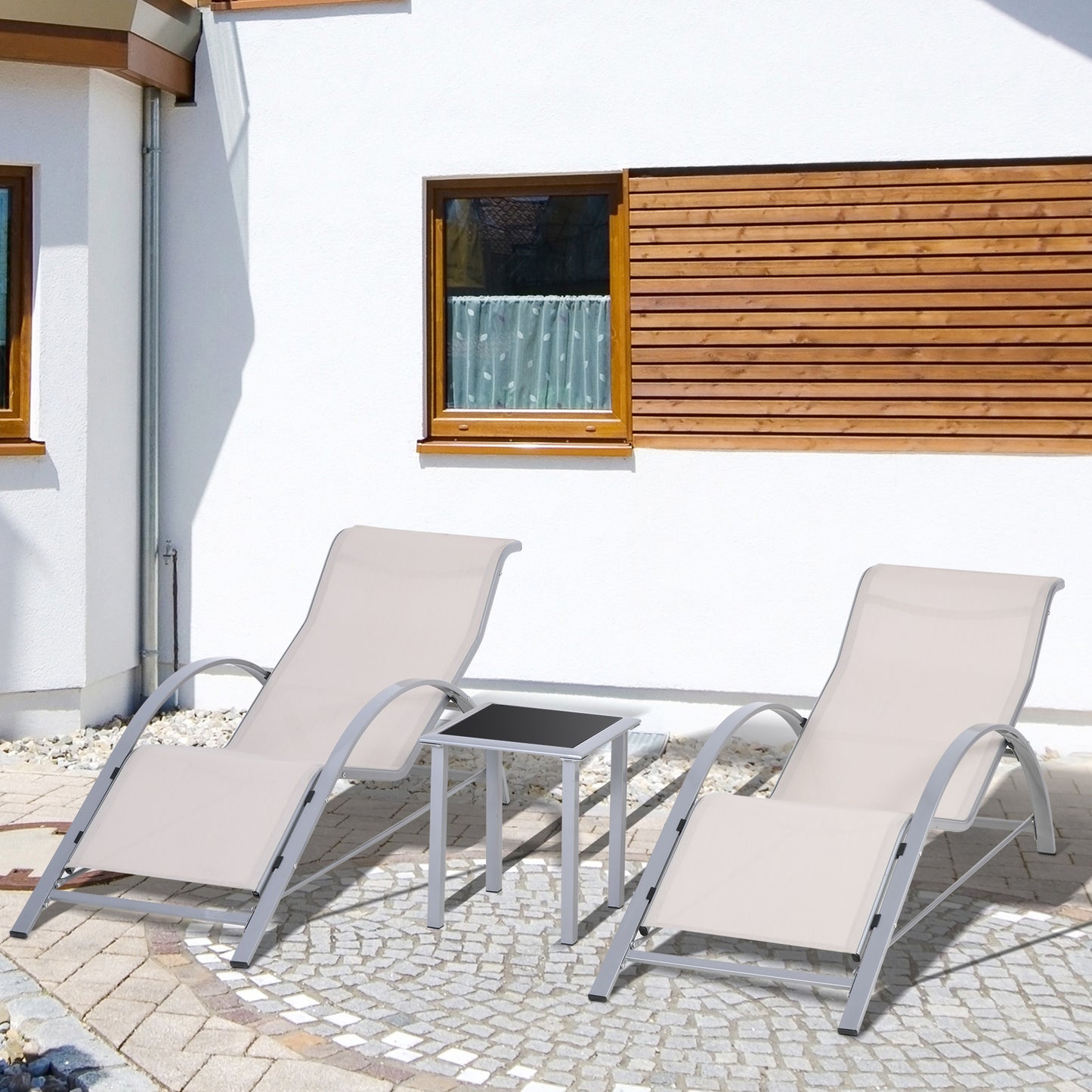 3 Pieces Lounge Chair Set Metal Frame Garden Outdoor Recliner