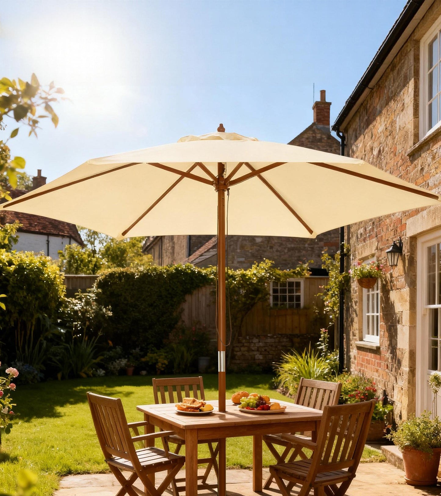 2.5m Wood Garden Parasol Sun Shade Patio Outdoor Wooden Umbrella