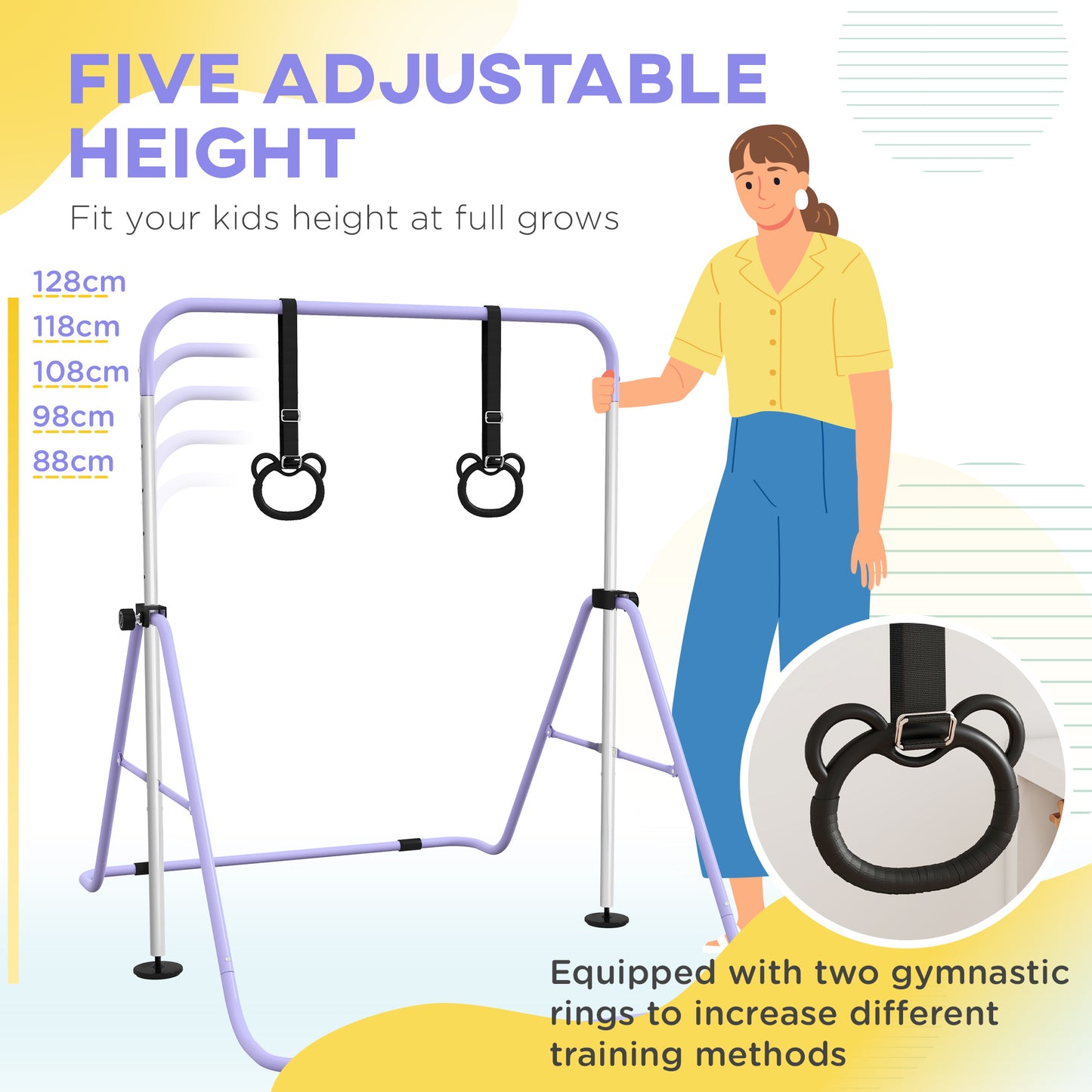 Adjustable Height, Foldable Kids Gymnastics Bar w/ Non-slip Rubber