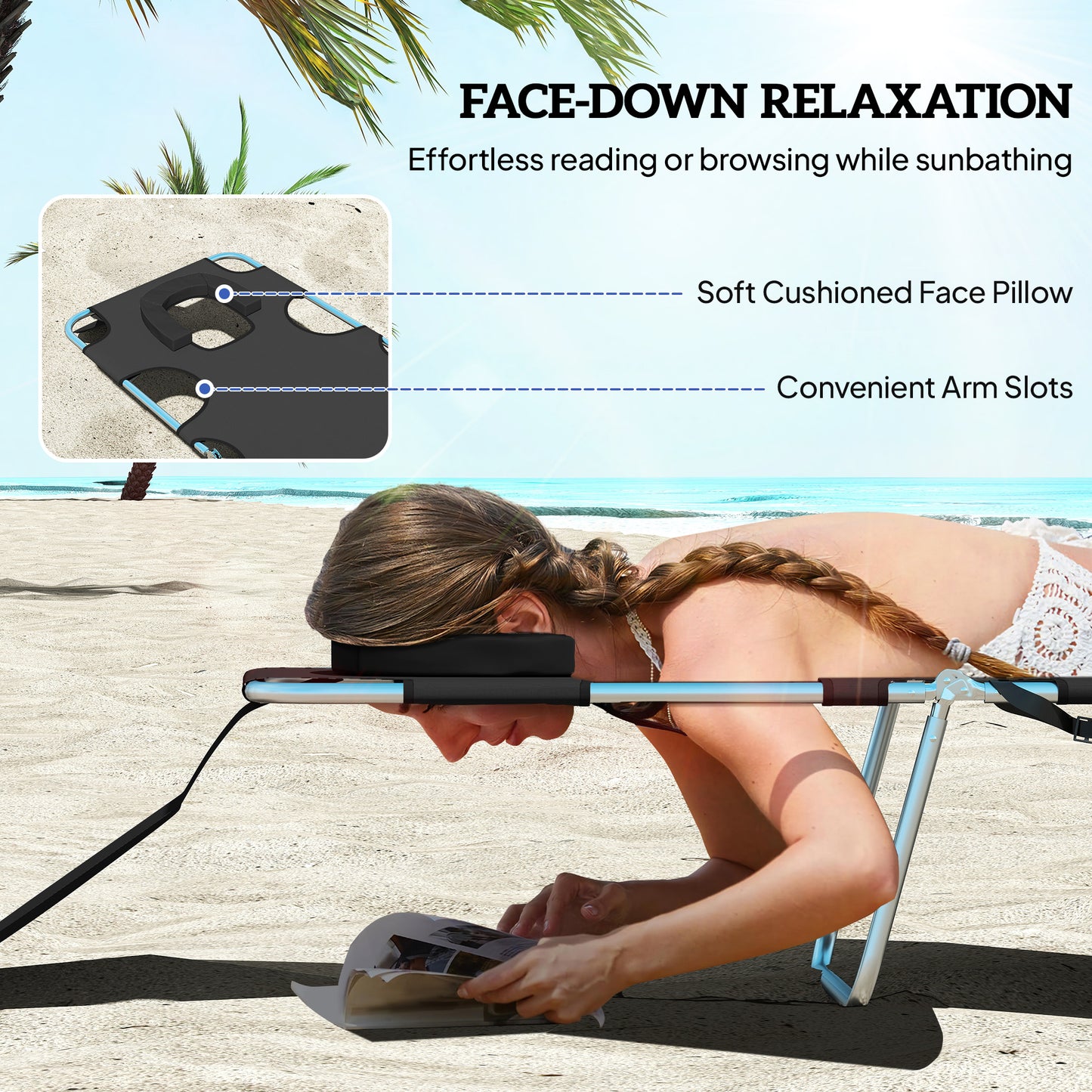Foldable Sun Lounger, Beach Chaise Lounge with Reading Hole