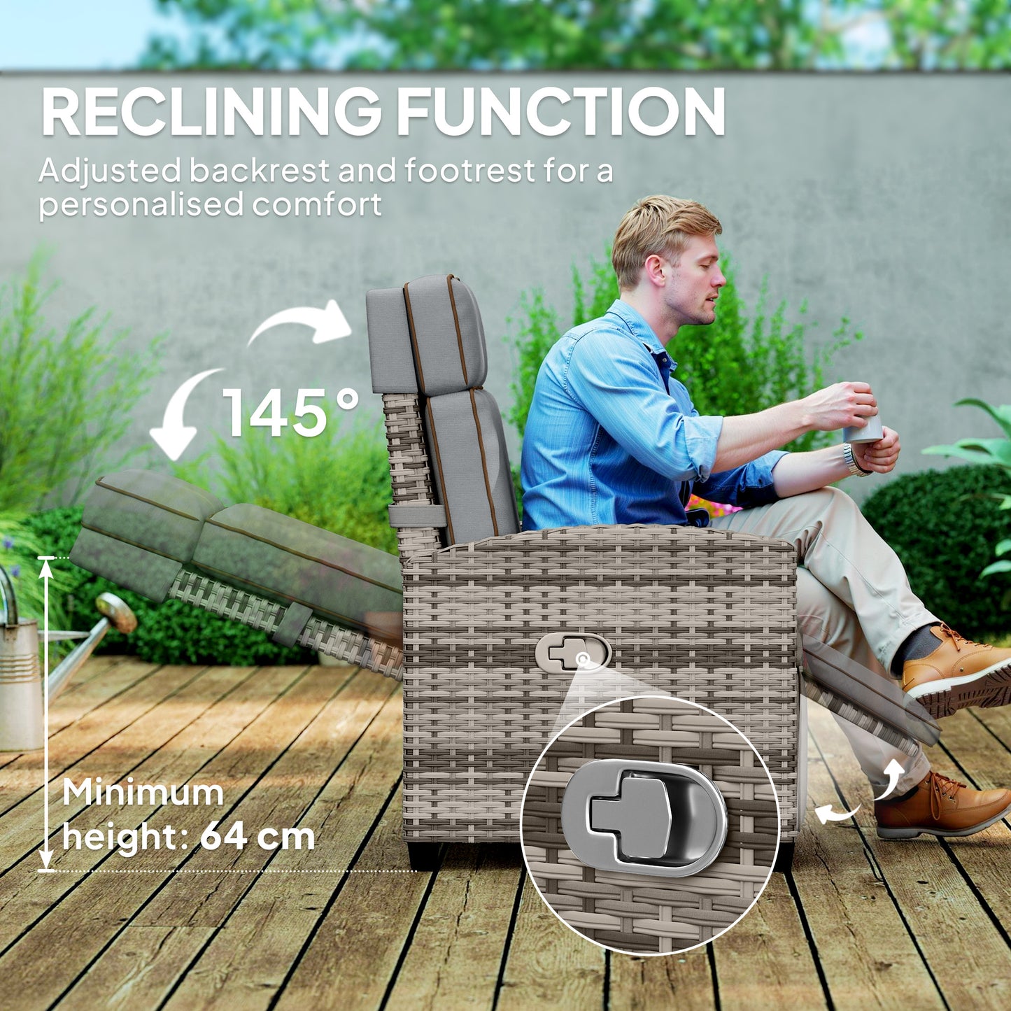 145° Reclining Rattan Armchair with Footrest