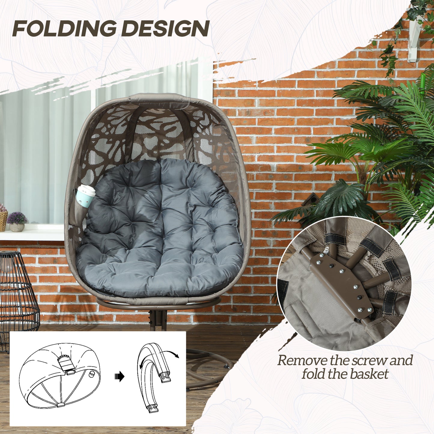 Swivel Egg Chair with Cushions, Foldable Basket Seat and Metal Frame