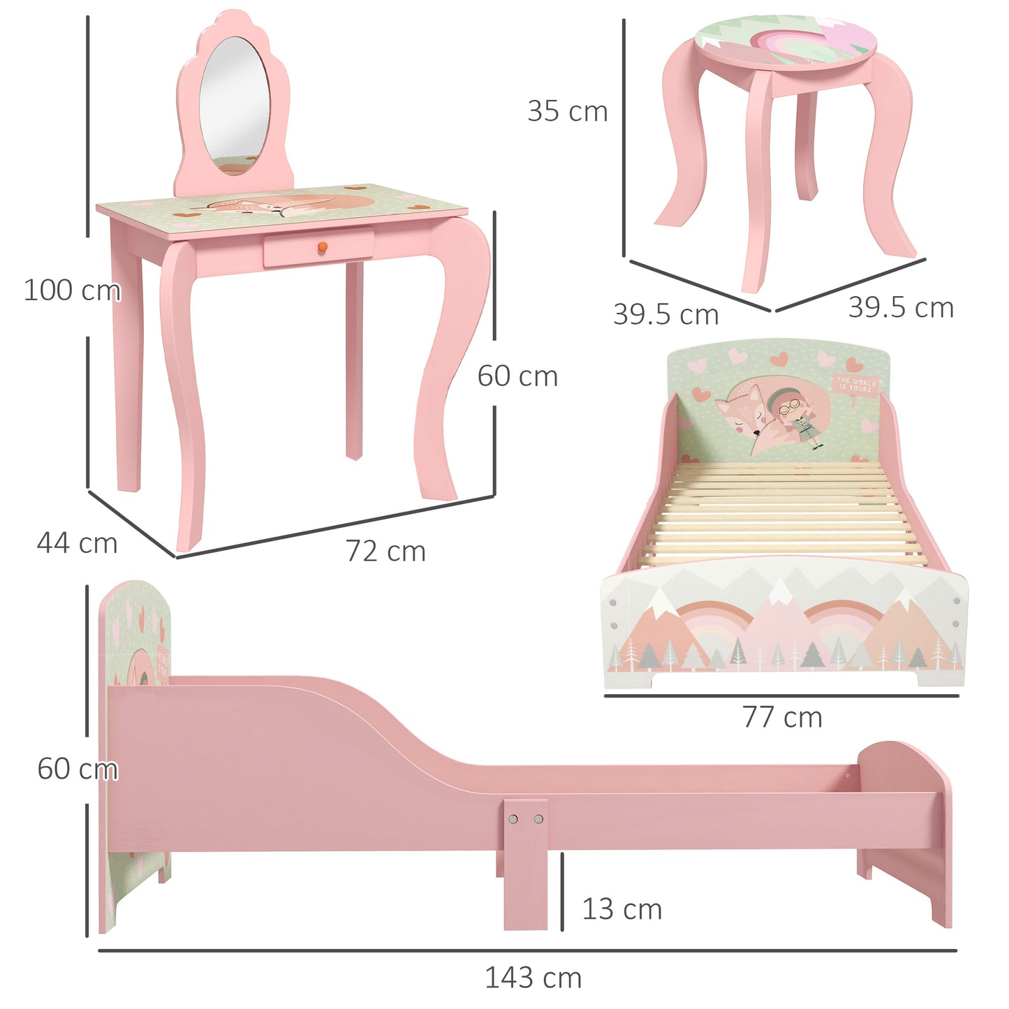 Toddler Bed Frame, Kids Dressing Table with Mirror and Stool