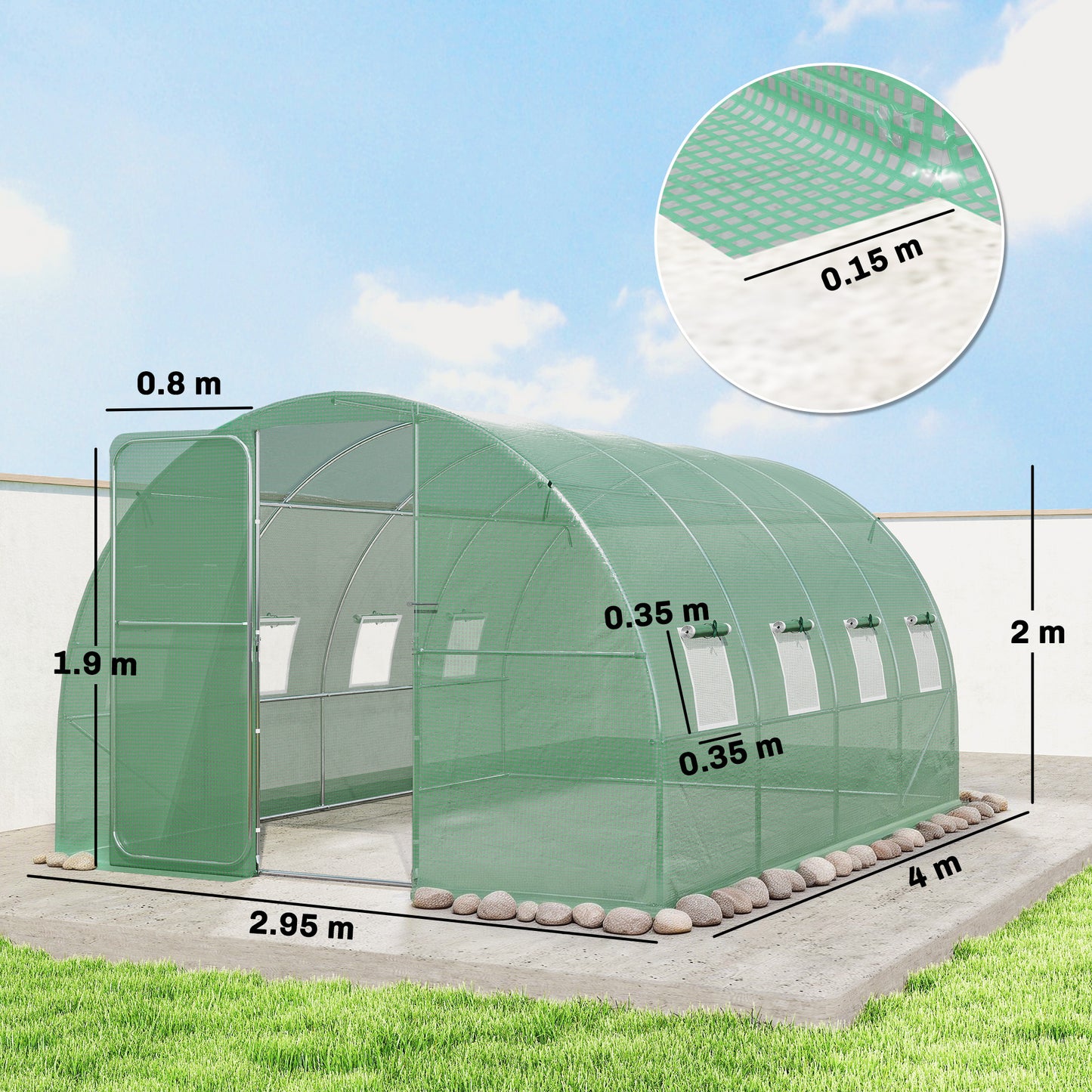 3 x 4 m Walk-in Polytunnel Greenhouse with Hinged Door