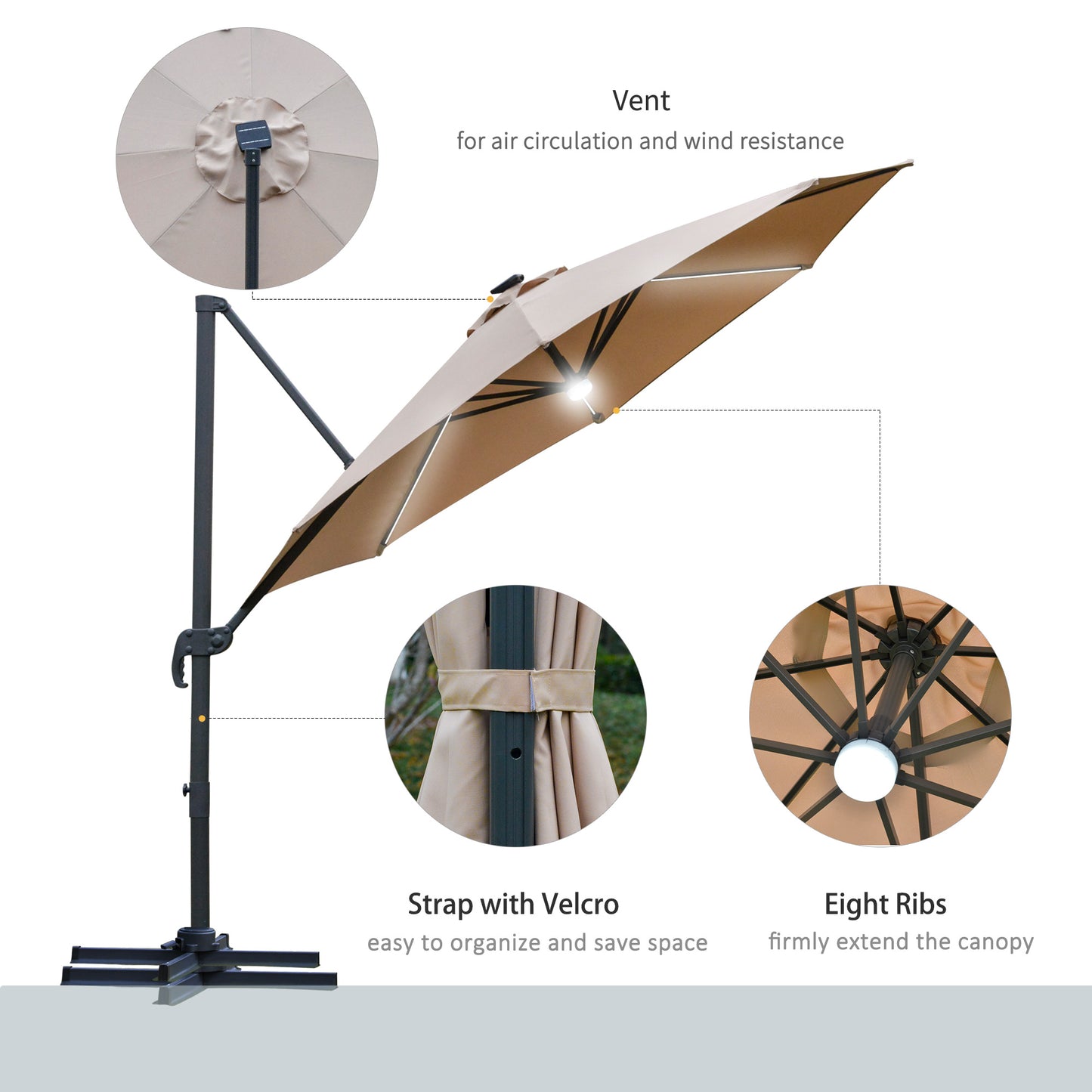3(m) LED Cantilever Parasol Outdoor Sun Umbrella w/ Base Solar Lights