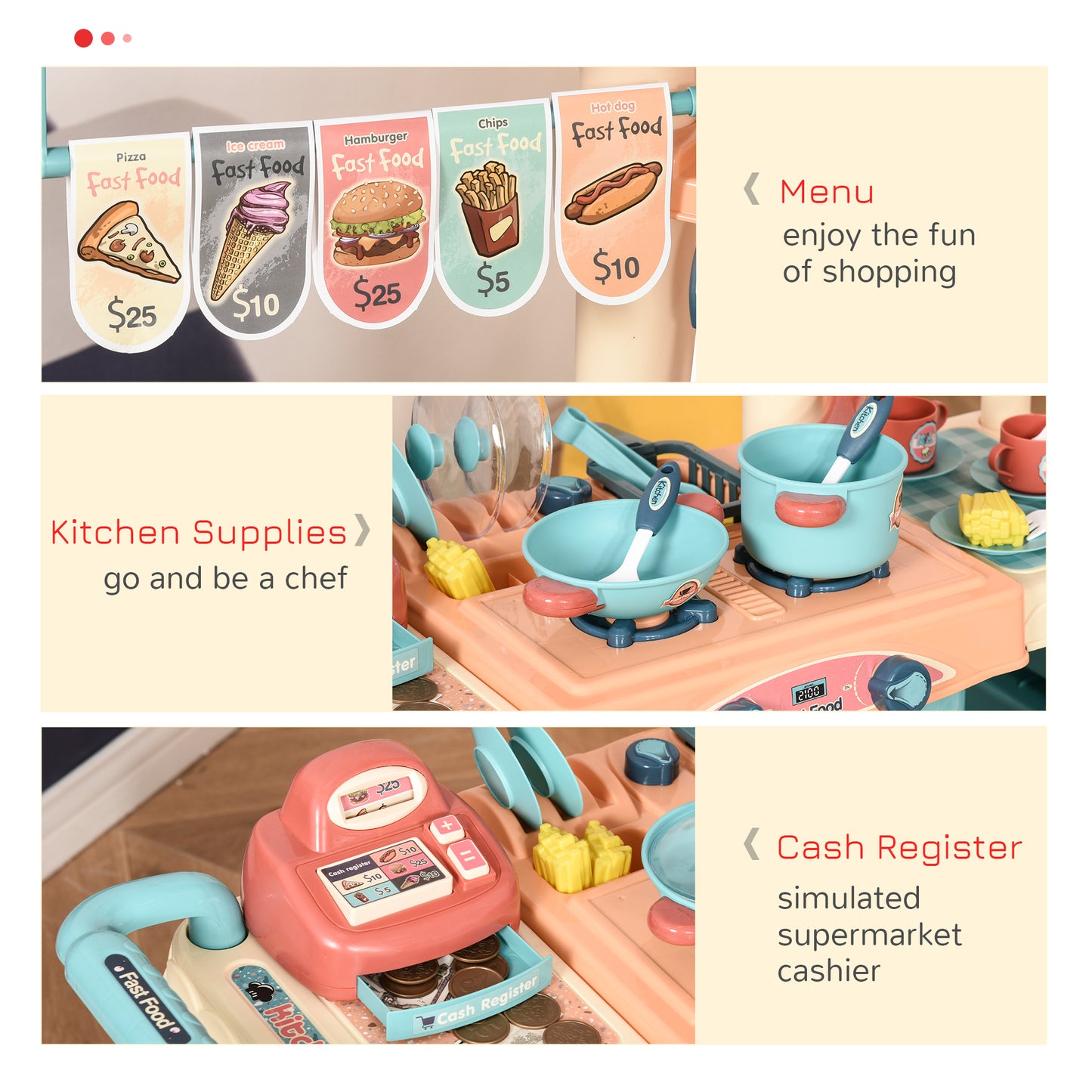 50 Pcs Kids Kitchen Play set Fast Food Trolley Cart Pretend Playset