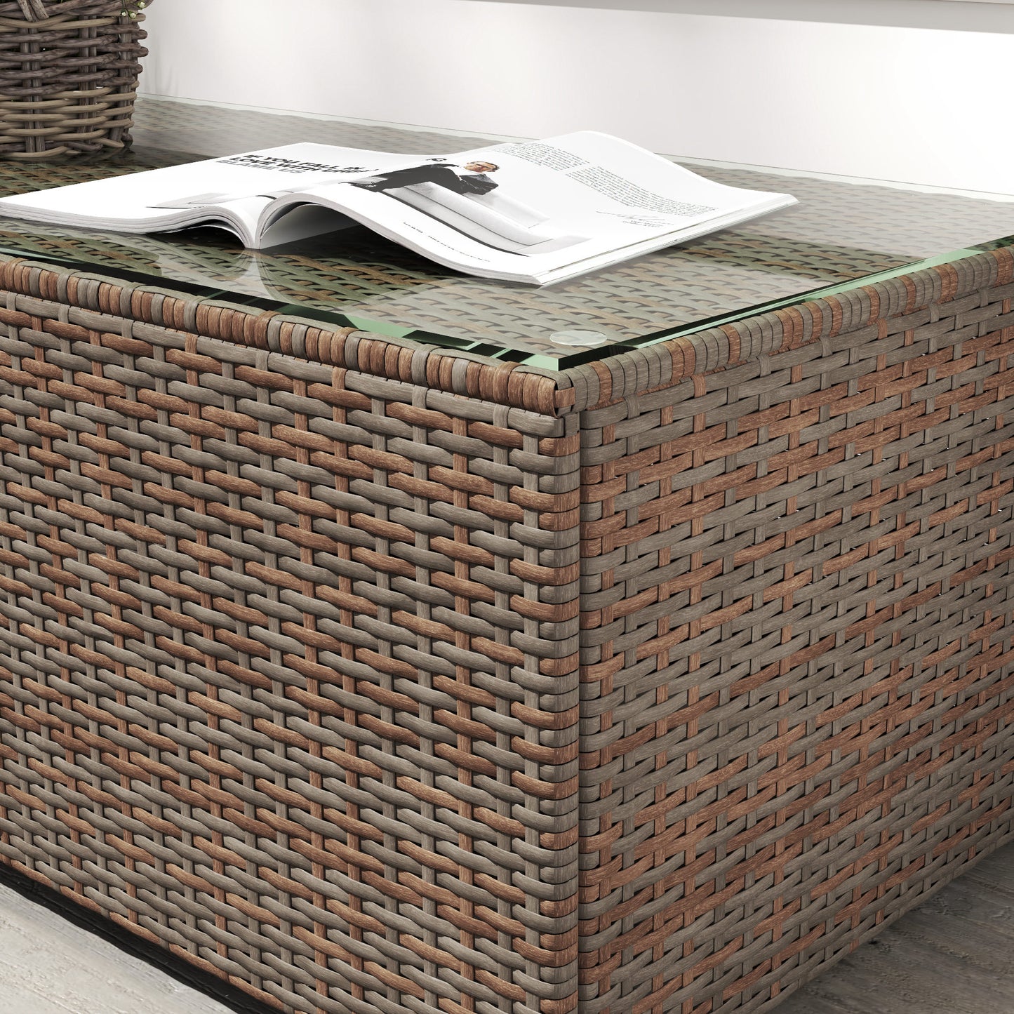 90 x 50cm Glass-Top Rattan Side Table