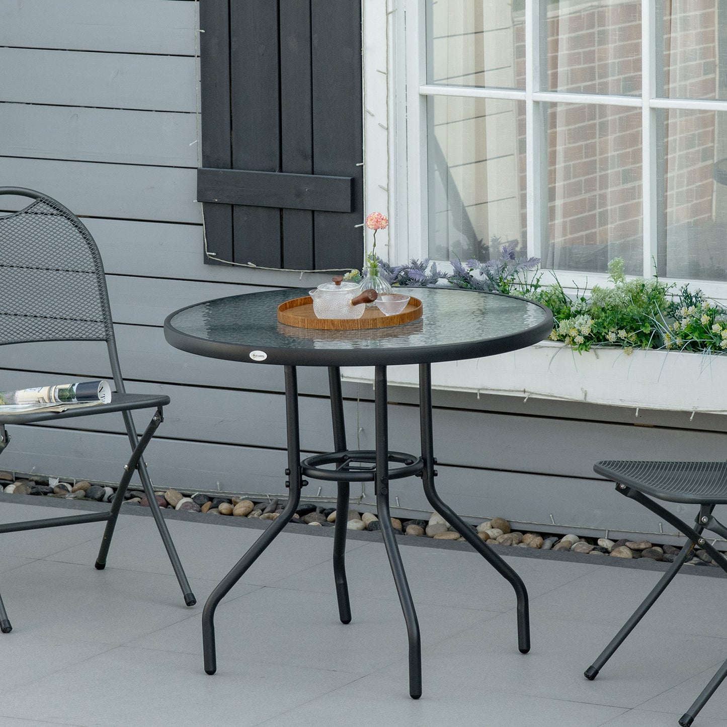 Outdoor φ80cm Round Dining Table Tempered Glass Top Steel Frame