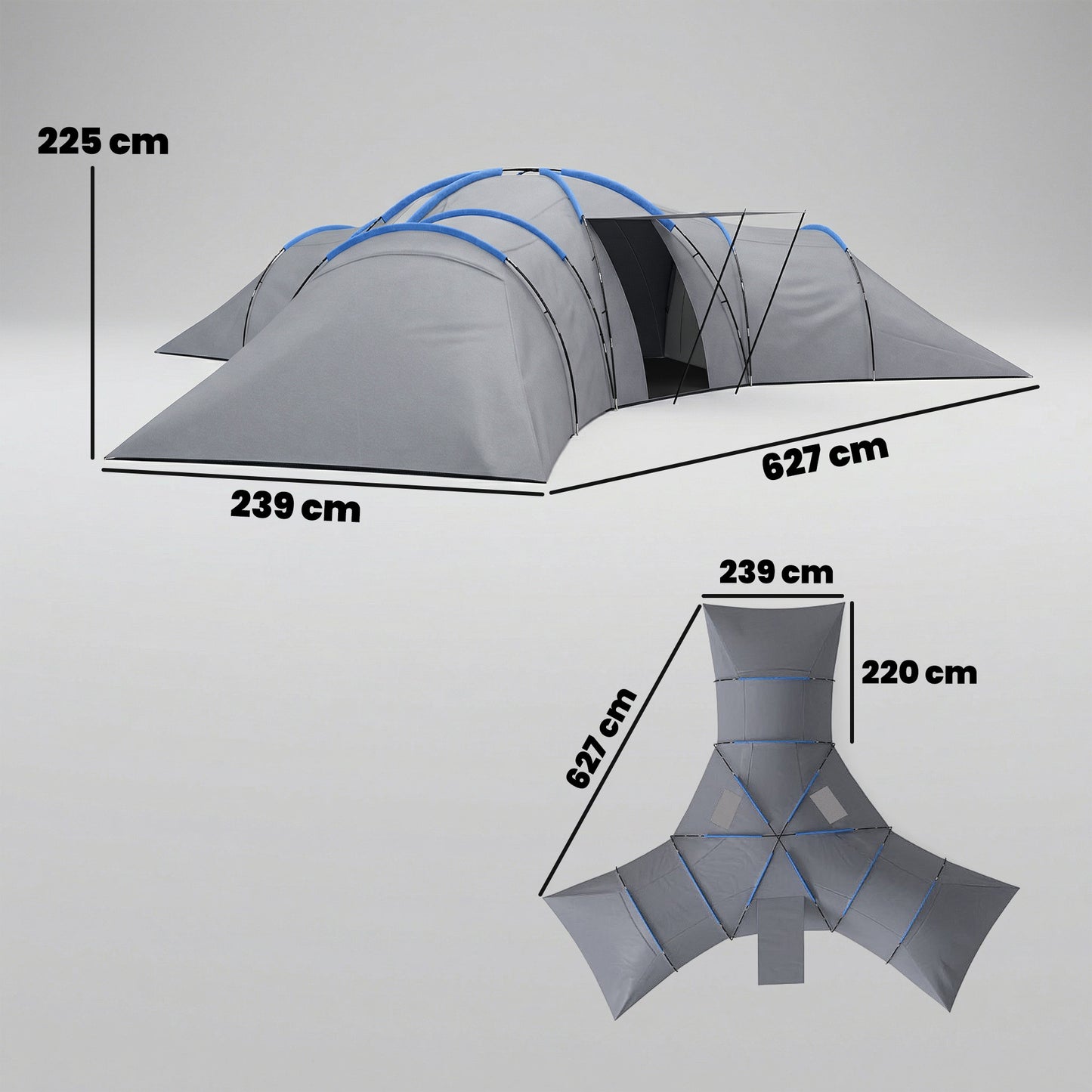 6-9 Man Large Tunnel Tent with 3 Bedrooms, Living Area and Porch