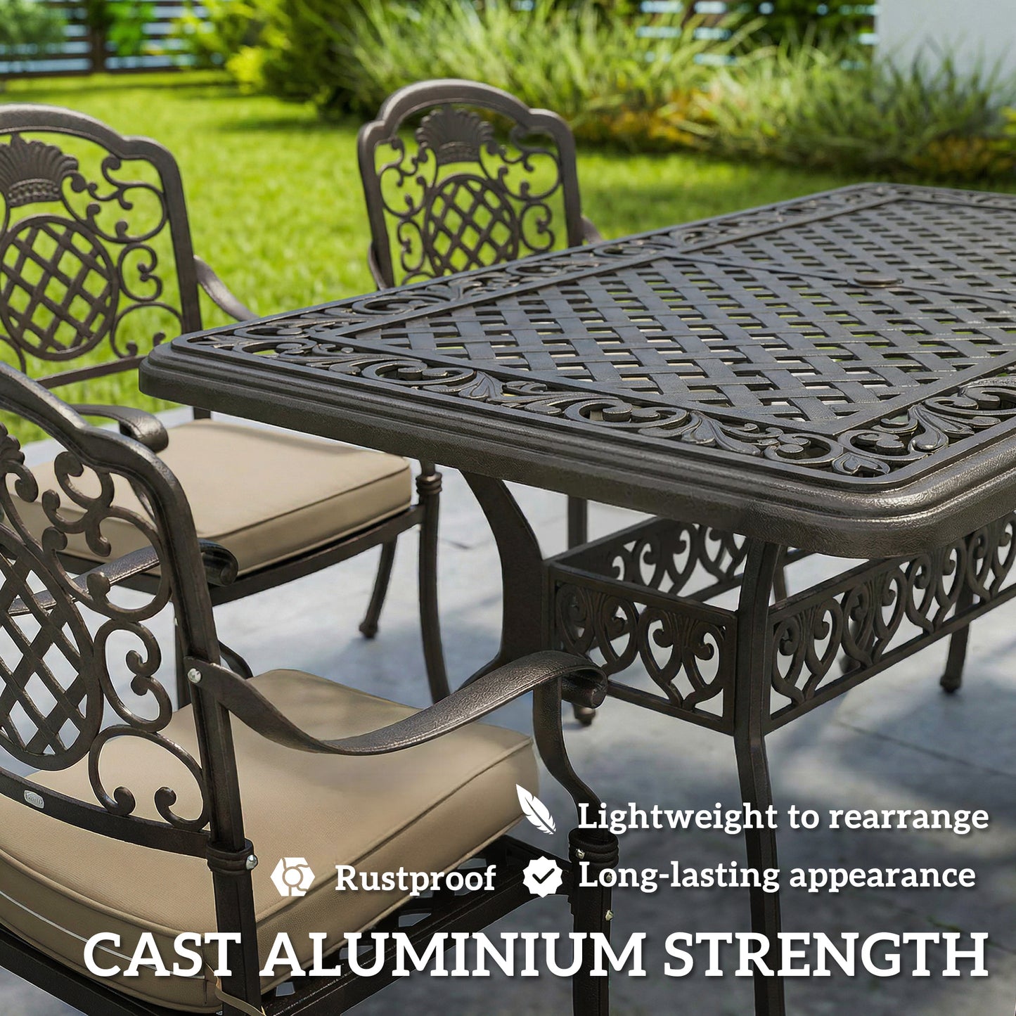 Garden Dining Set for 6, Cast Aluminium Outdoor Table and Chairs Set