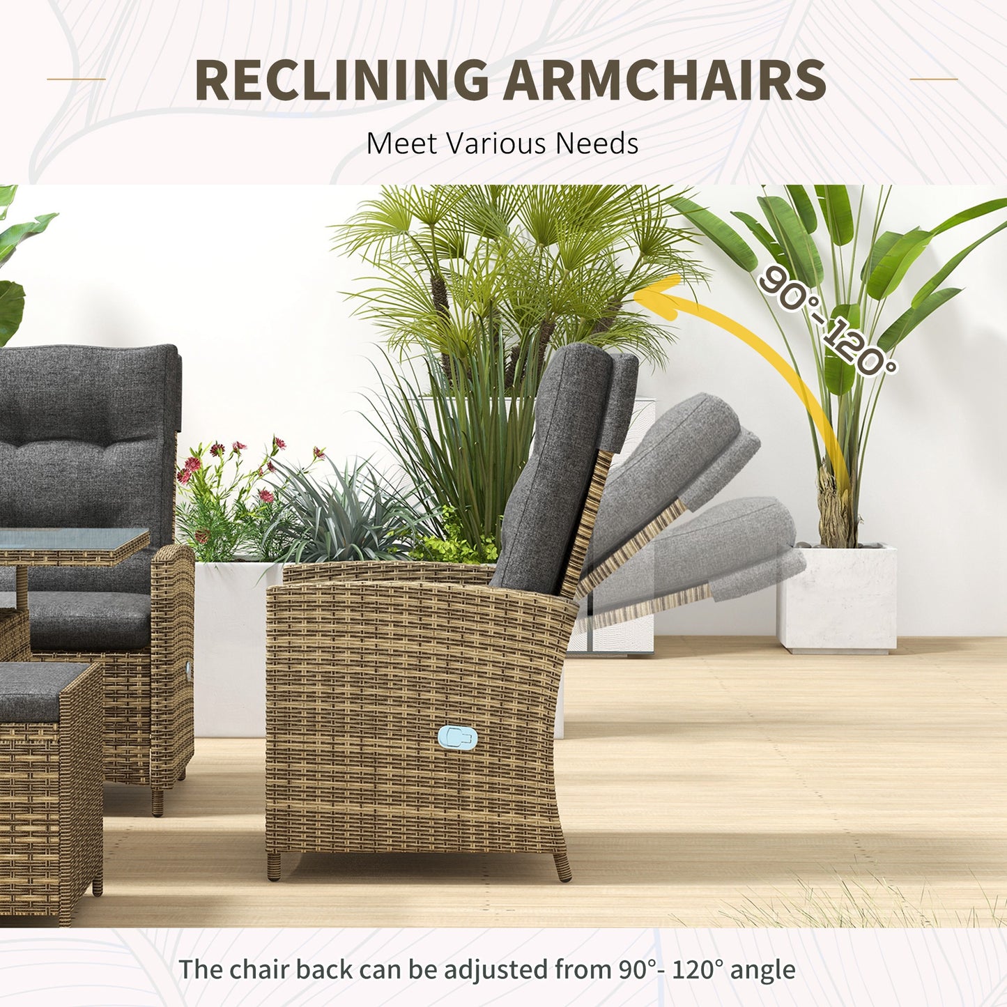Six-Piece Rattan Garden Set, with Reclining Chairs