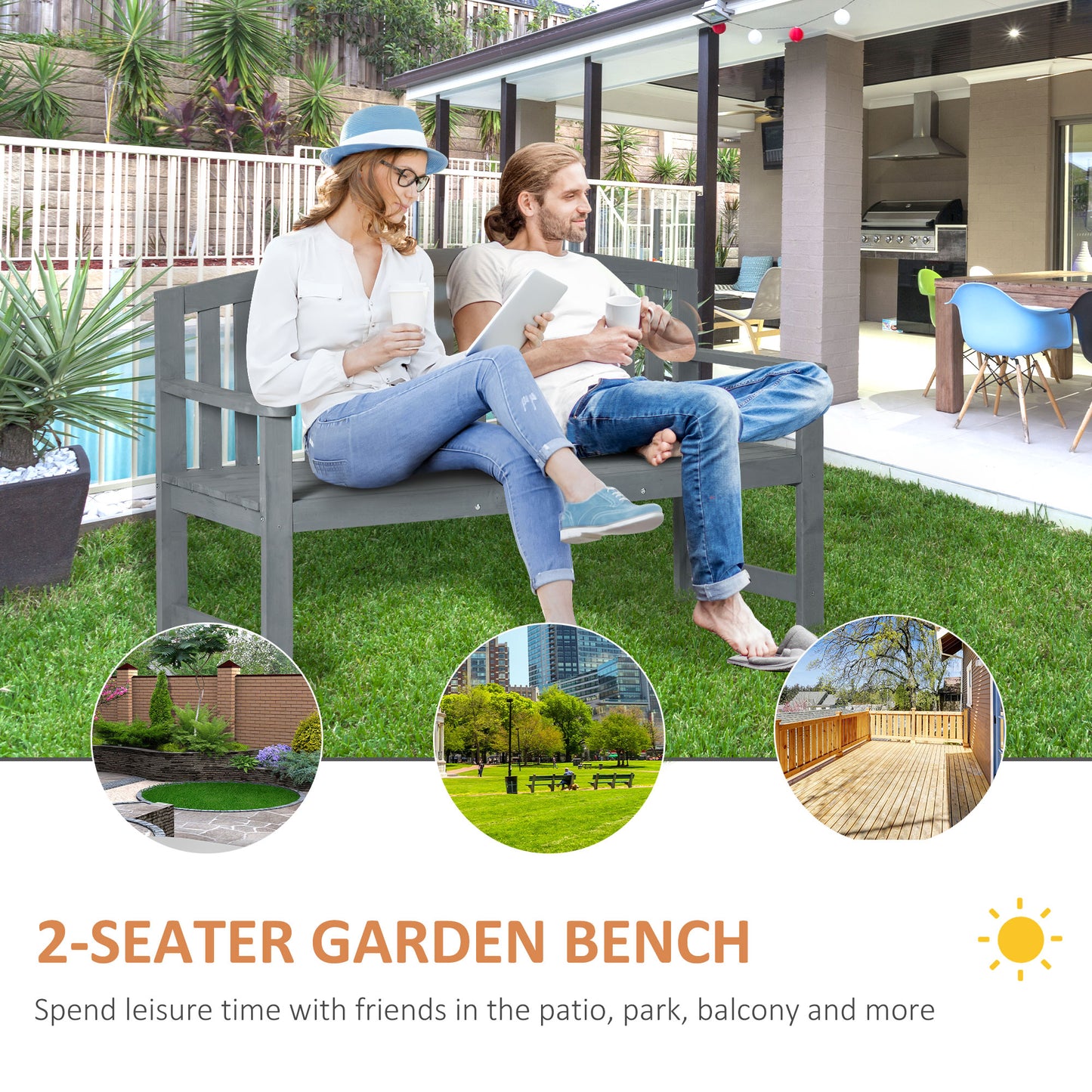 2 Seater Wooden Garden Bench with Armrest
