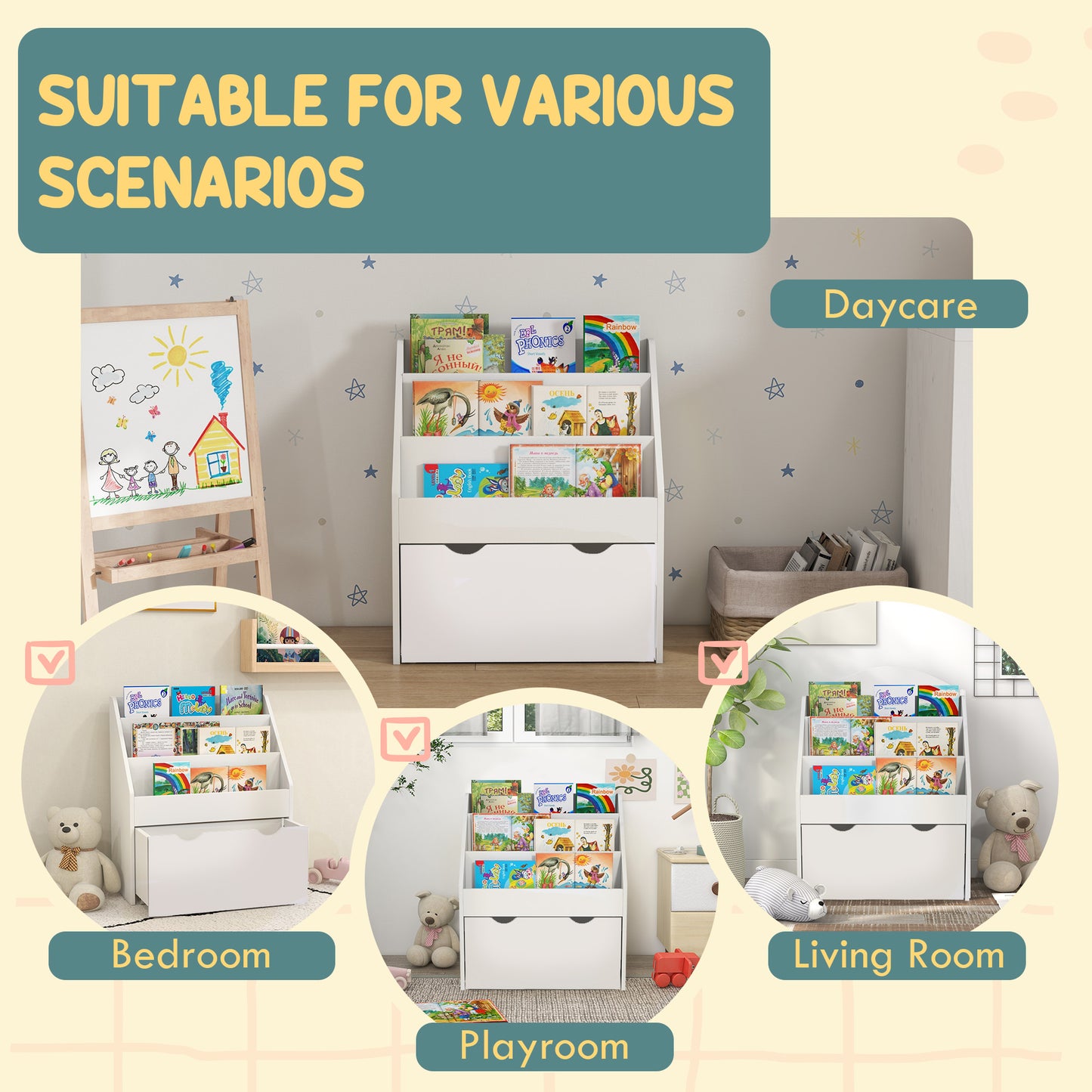 Bookcase for Kids with Shelves, Drawer, Bookcase for Bedroom, Playroom