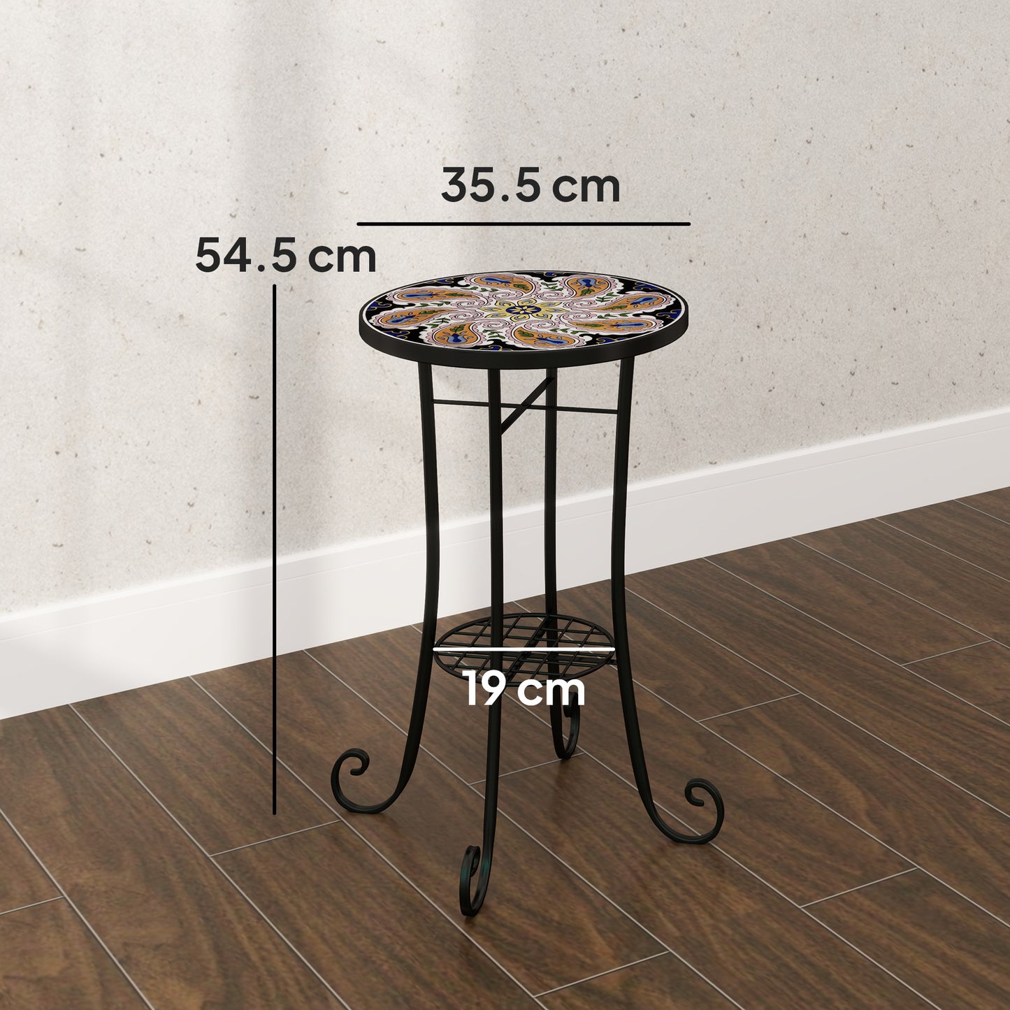 Mosaic Garden Table, 35.5 cm Round Outdoor Table with Shelf