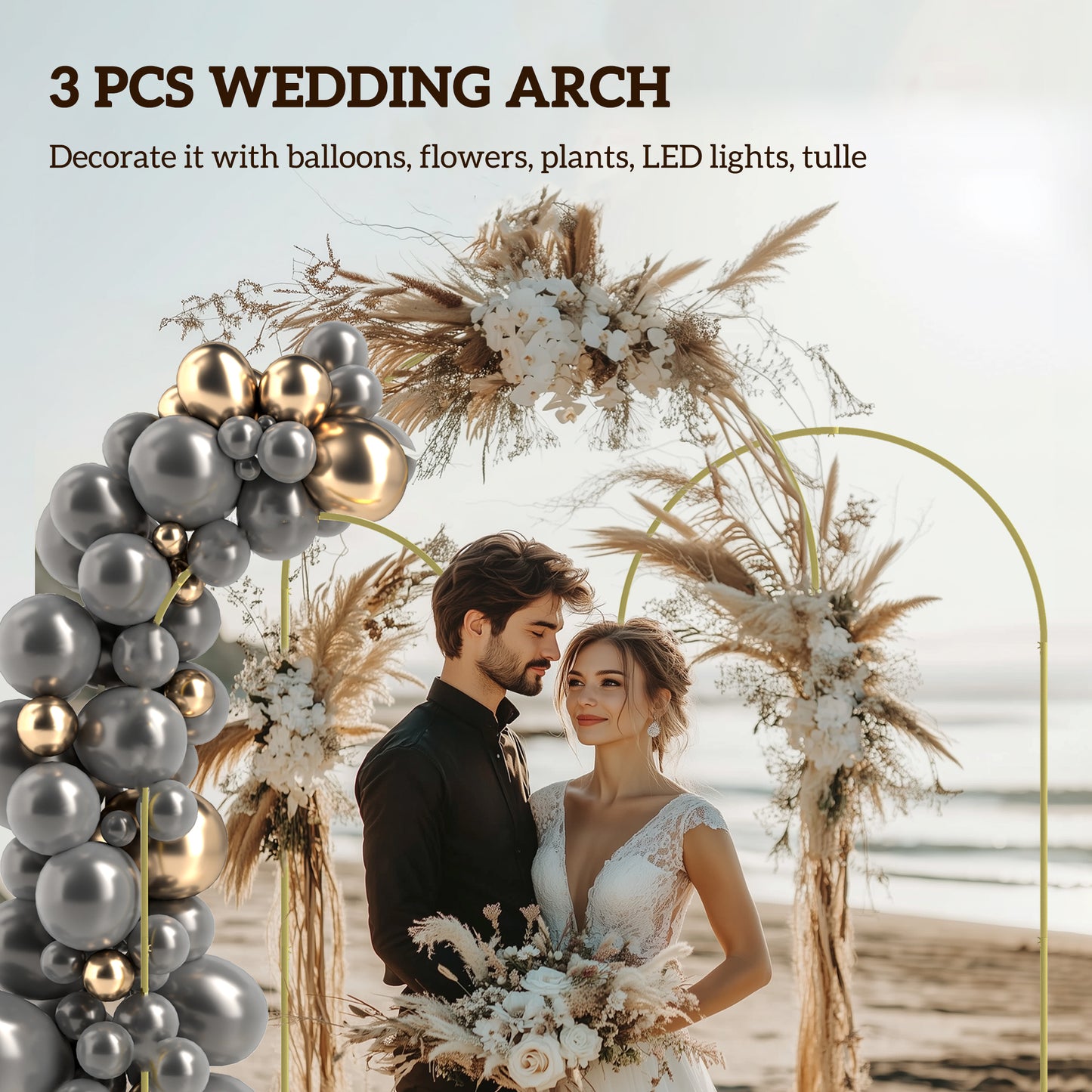 Wedding Arch Frame Set, 2.2, 2, 1.8 m Metal Backdrop Stand Set of 3