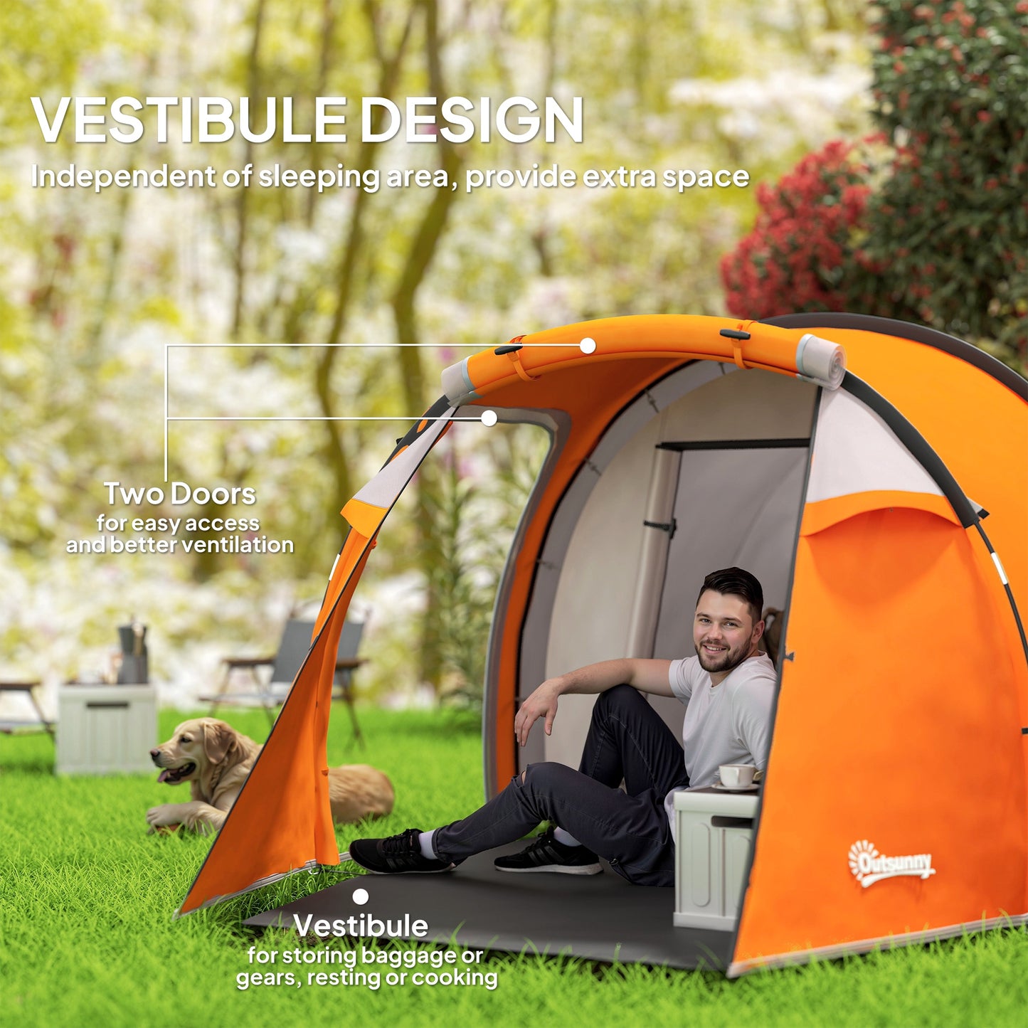 2-3 Man Tunnel Tents w/ Vestibule Camping Tent Porch Air Vents