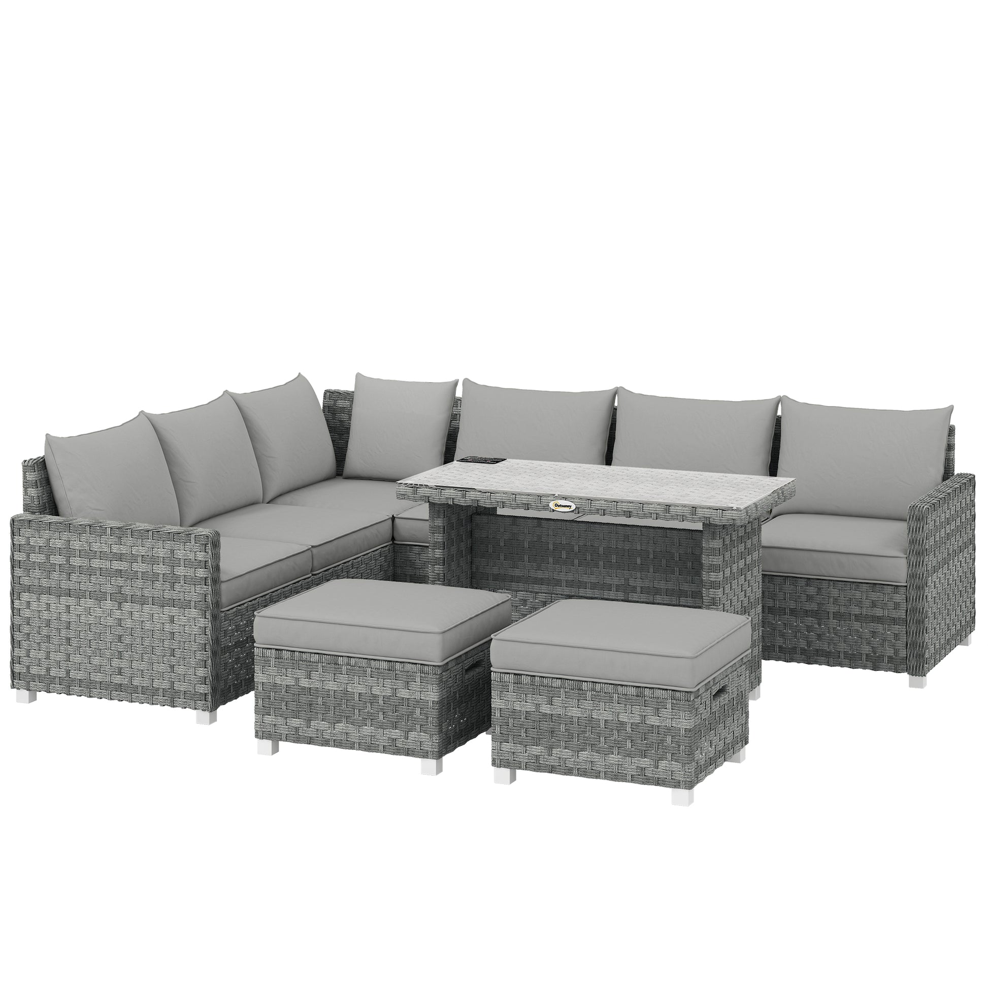 6 Seater Rattan Garden Furniture Set with 3 Sofas, 2 Footstools