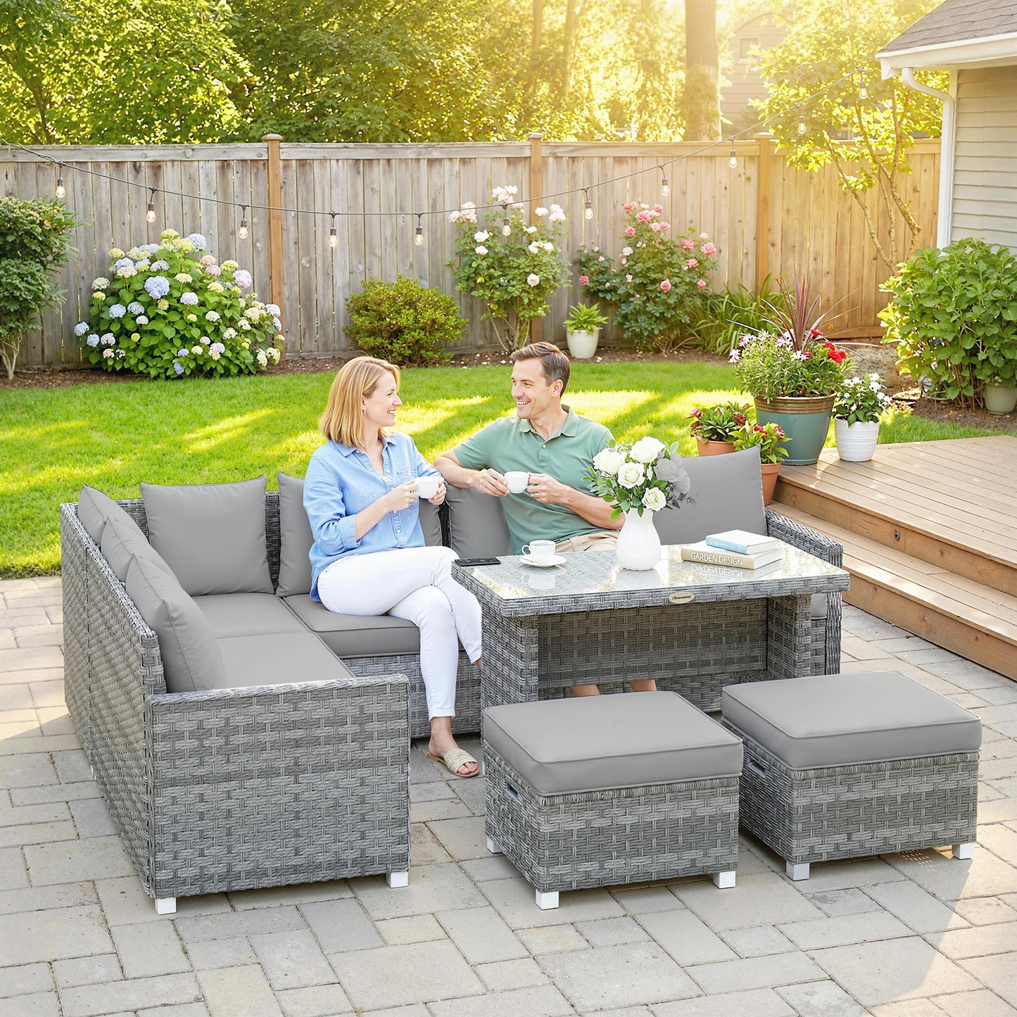 6 Seater Rattan Garden Furniture Set with 3 Sofas, 2 Footstools