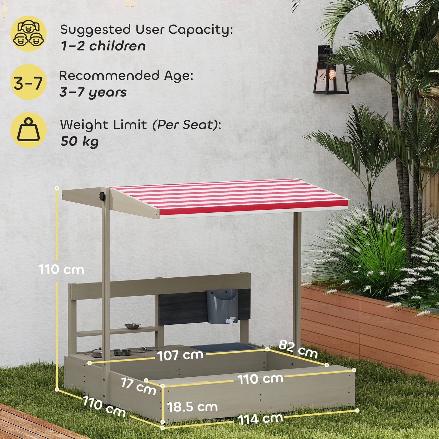 Kids Wooden Sandbox w/ Canopy, Kitchen Toys, Seat, Storage