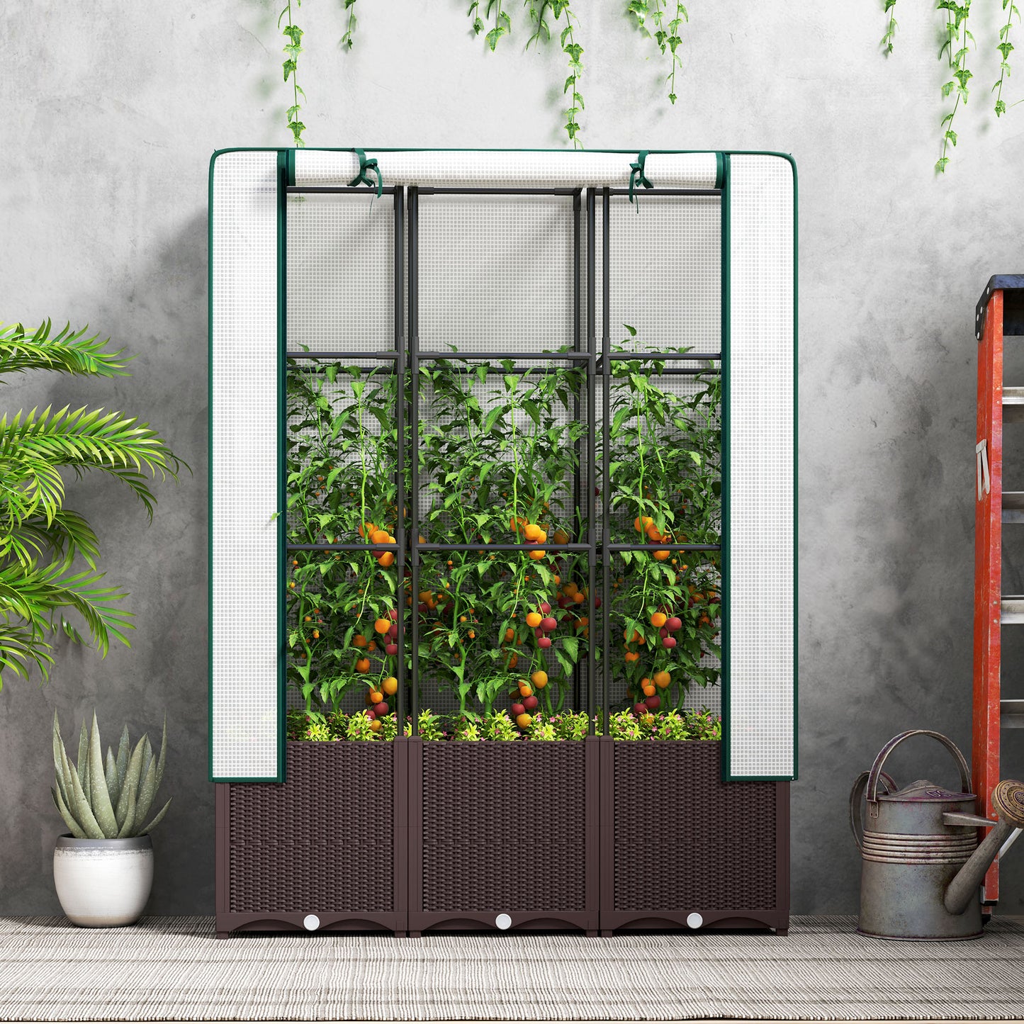 Raised Garden Bed with Trellis, Plastic Planter Box with PE Cover (1)