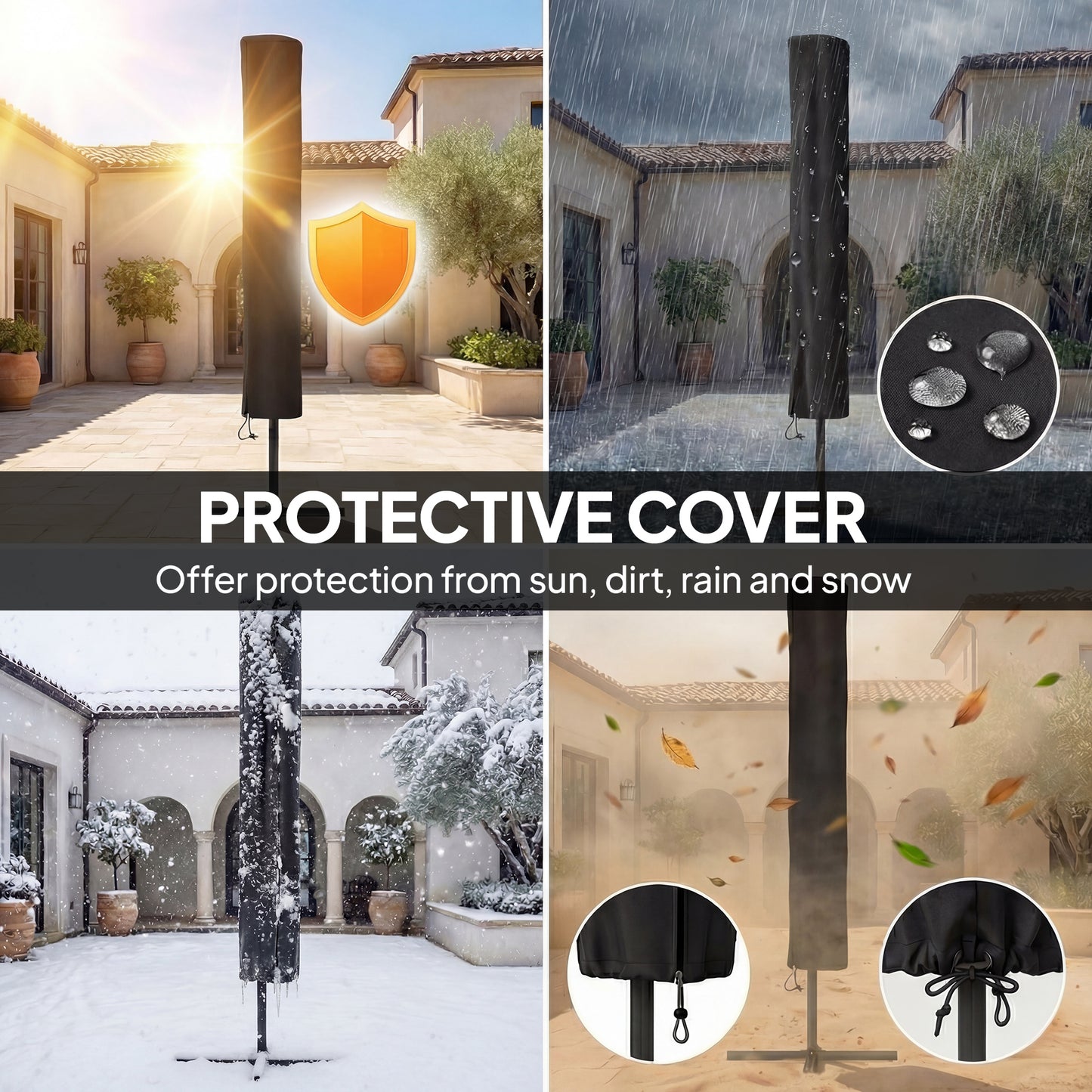 3 x 2 m Garden Parasol Umbrella with LED Solar Light, Parasol Cover