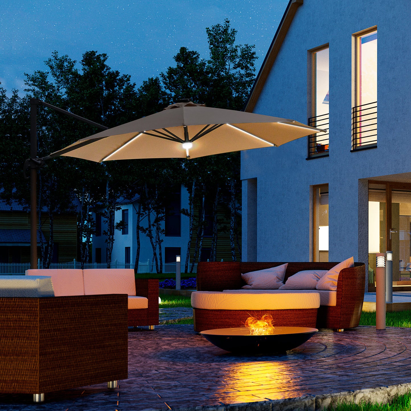3(m) LED Cantilever Parasol Outdoor Sun Umbrella w/ Base Solar Lights