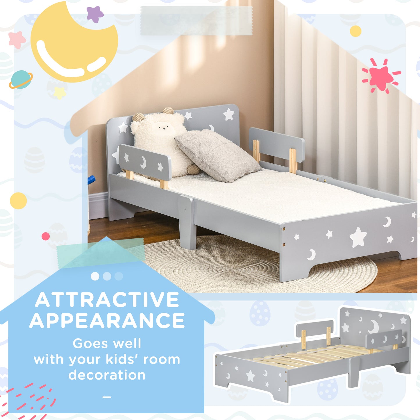 Kids Toddler Bed, with Star and Moon Patterns, Side Rails