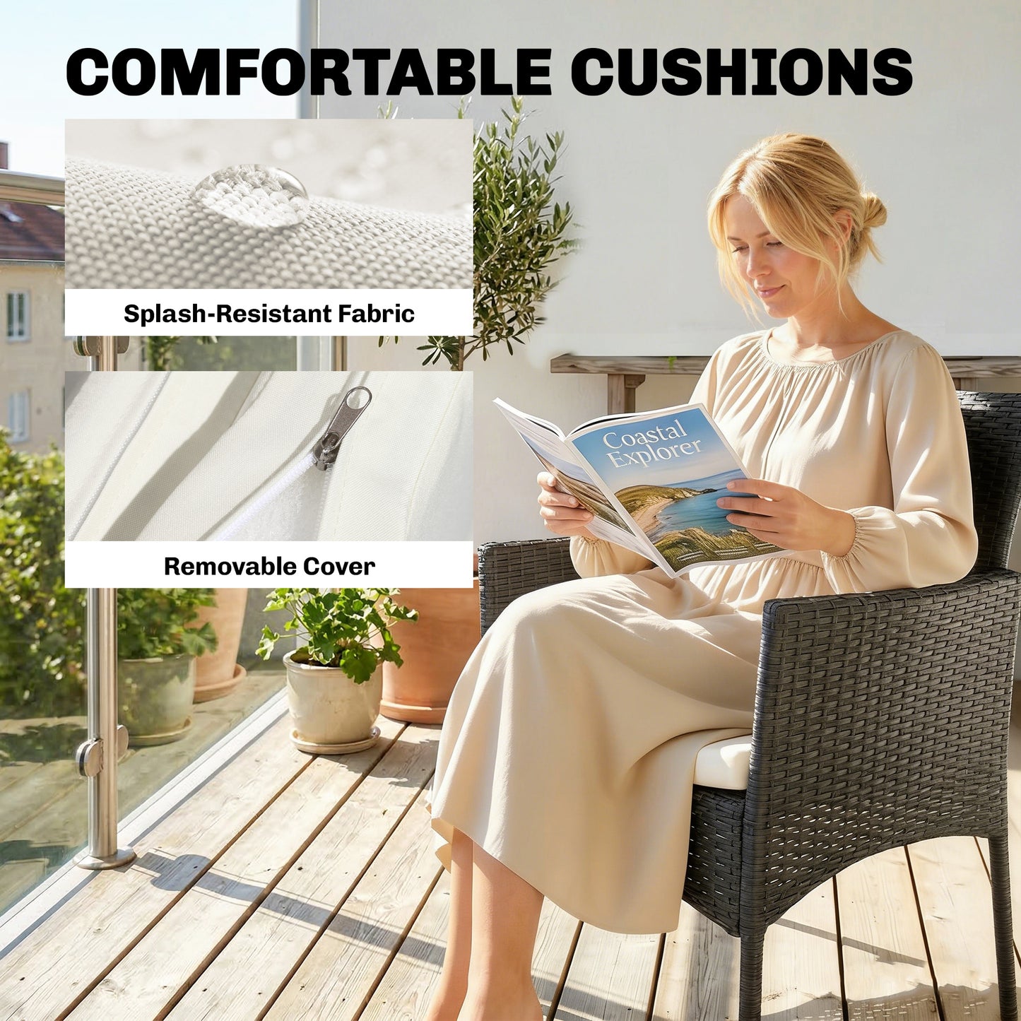 3 Piece Rattan Bistro Set, PE Wicker Garden Furniture Conversation