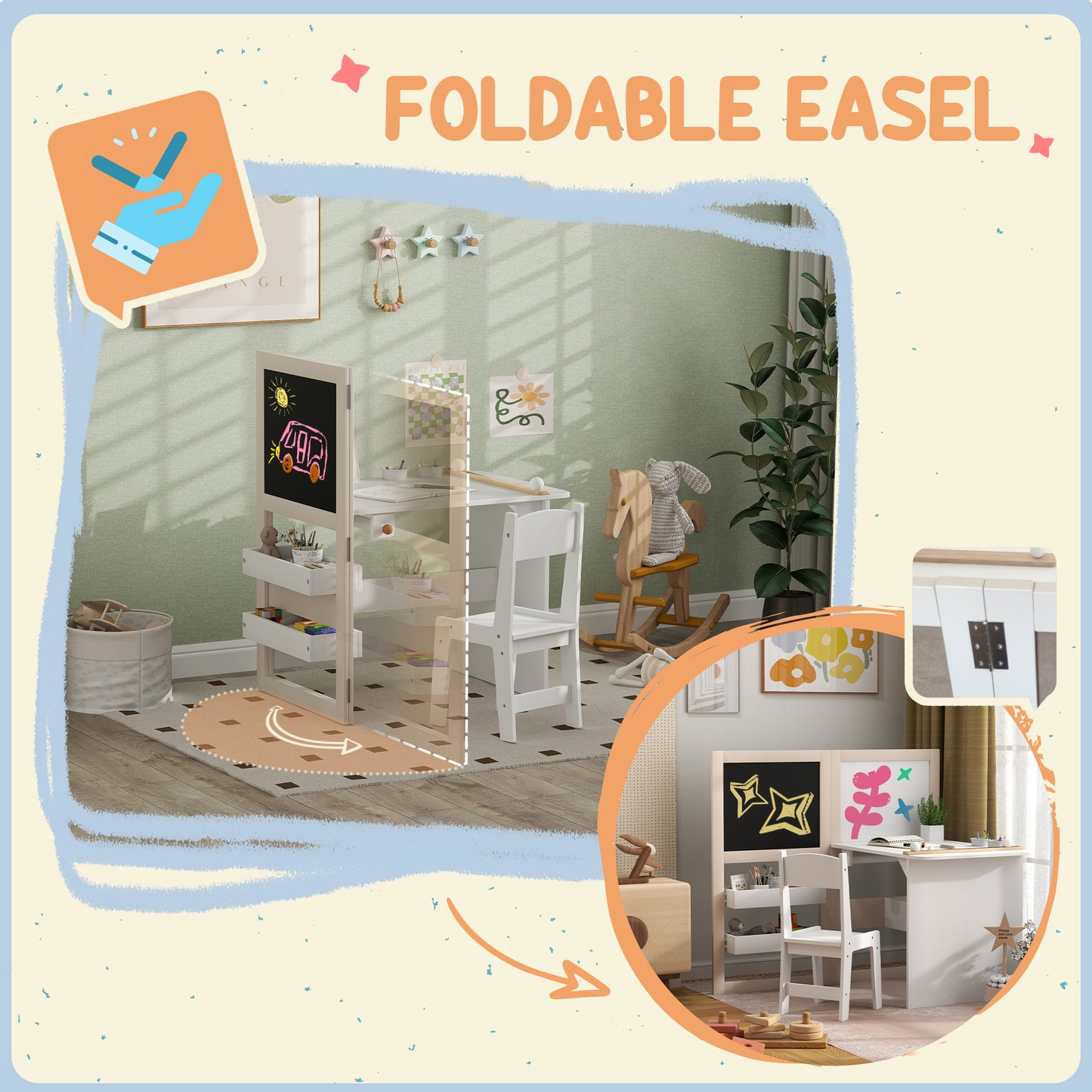 3 in 1 Kids Table and Chair Set with Storage, Whiteboard