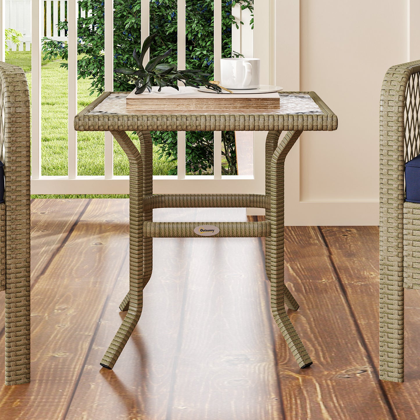 3 Pieces Rattan Bistro Set with Glass Top Coffee Table