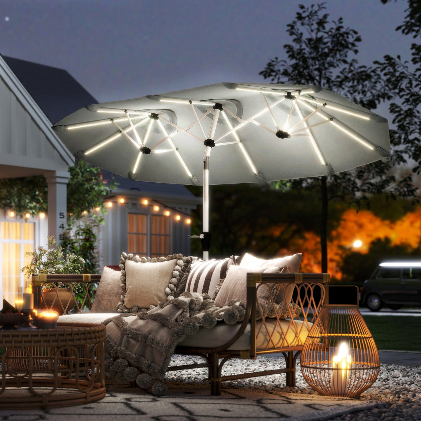 3 m Double-Sided Garden Parasol with LED Solar Lights