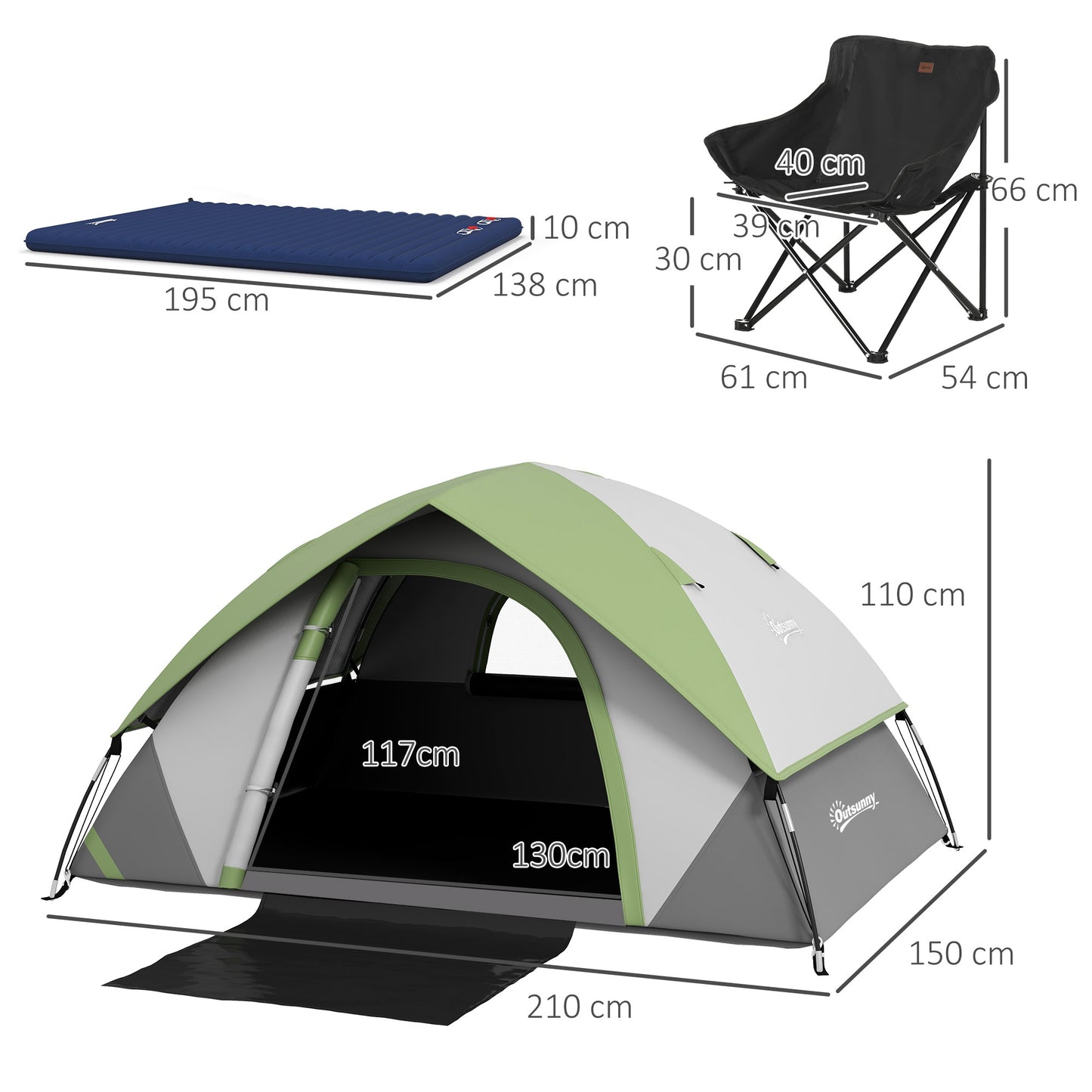 Camping Tent with Inflatable Mattress and Camping Chair