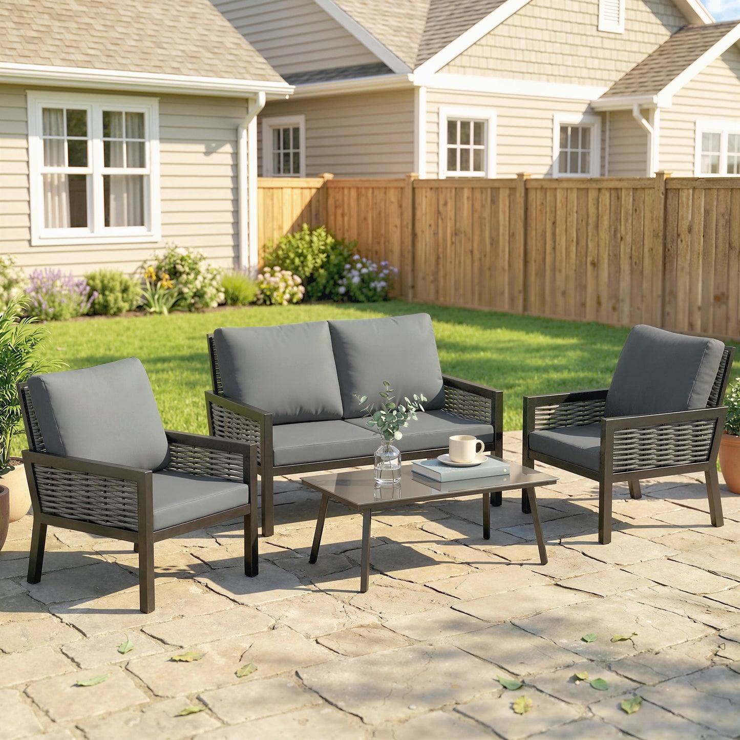 4 Seater Rattan Garden Furniture Set with 2 Armchairs, Loveseat