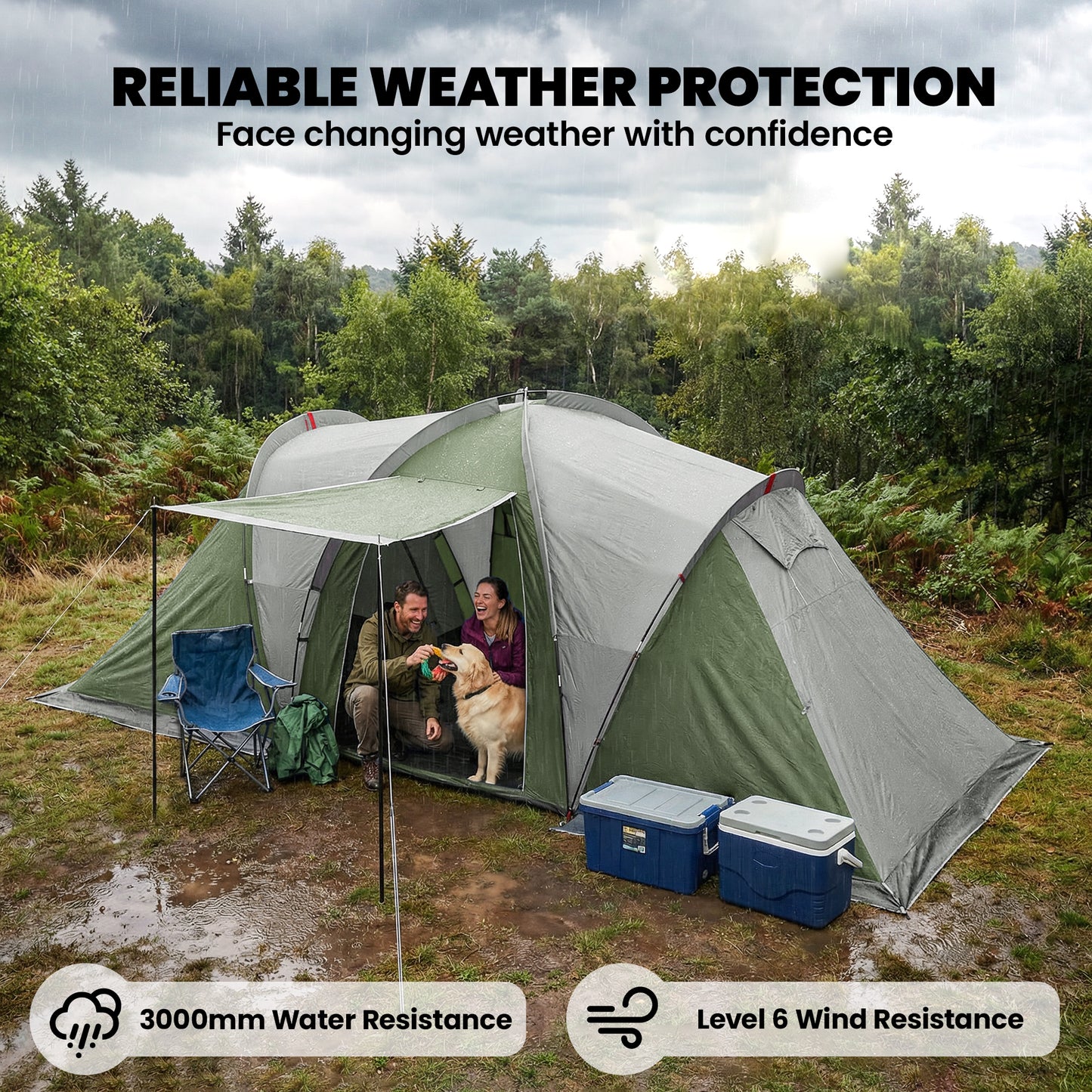 Family Camping Tent 3000mm Waterproof Windproof Tunnel Tent 8-12