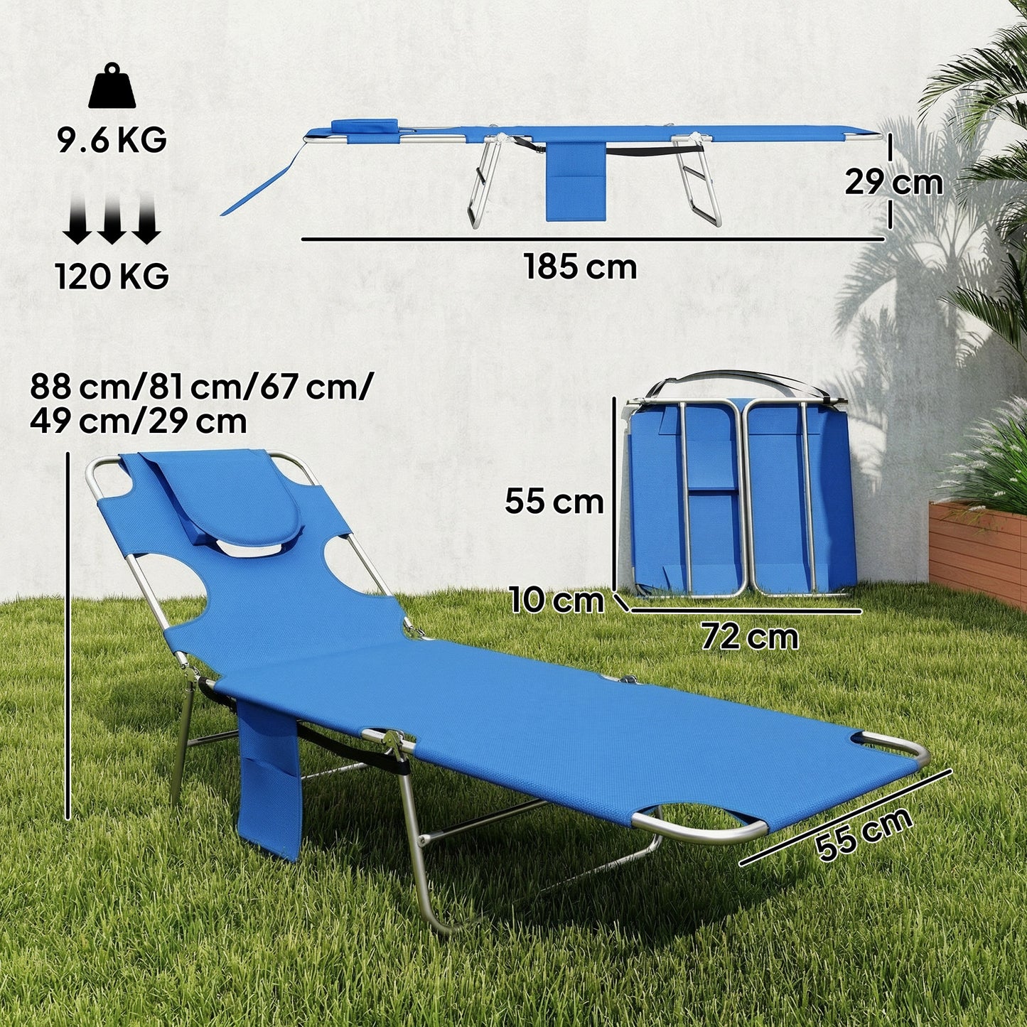 5-Position Adjustable Sun Loungers Set of 2 with Reading Hole