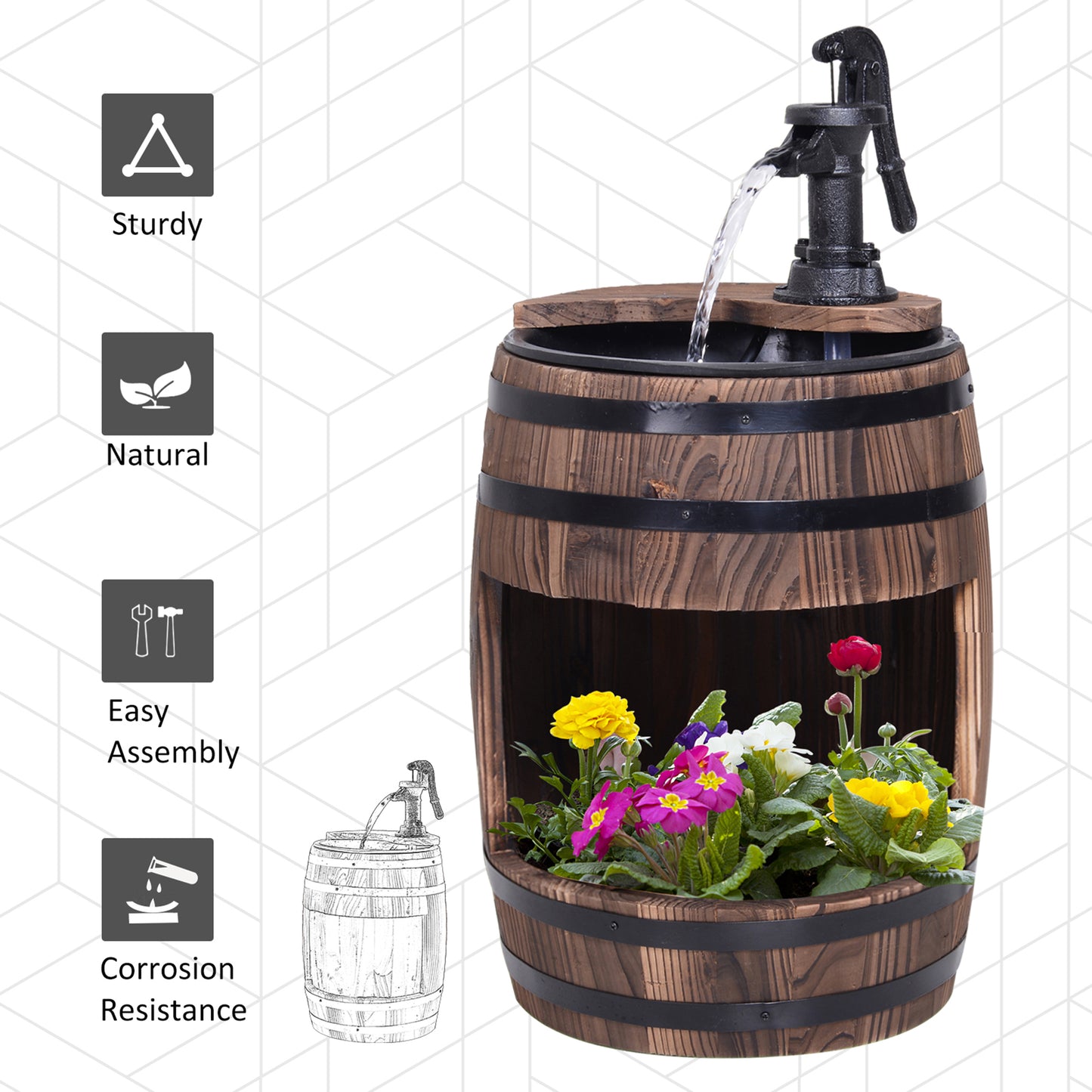 Wood Barrel Patio Water Fountain Electric Pump Garden Decorative
