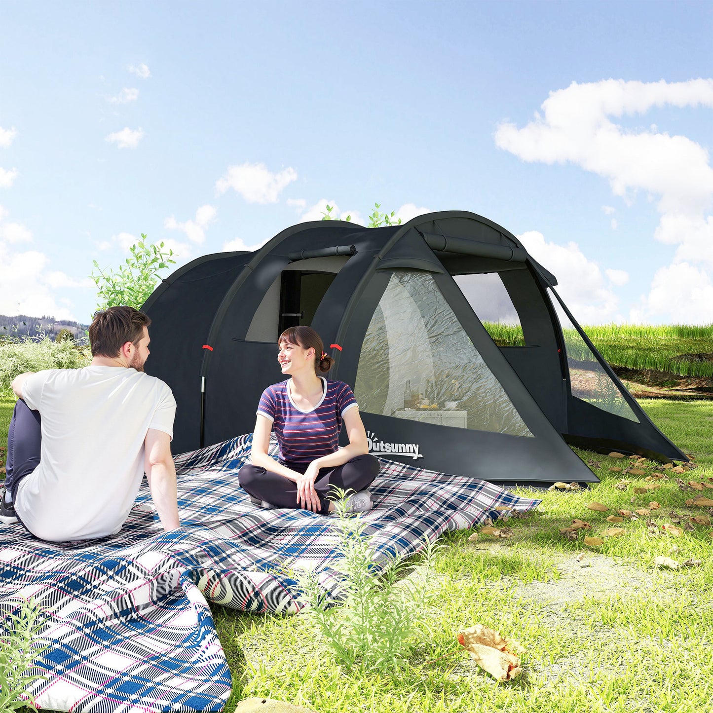 3-4 Man Tunnel Tent, Two Room Camping Tent with Windows