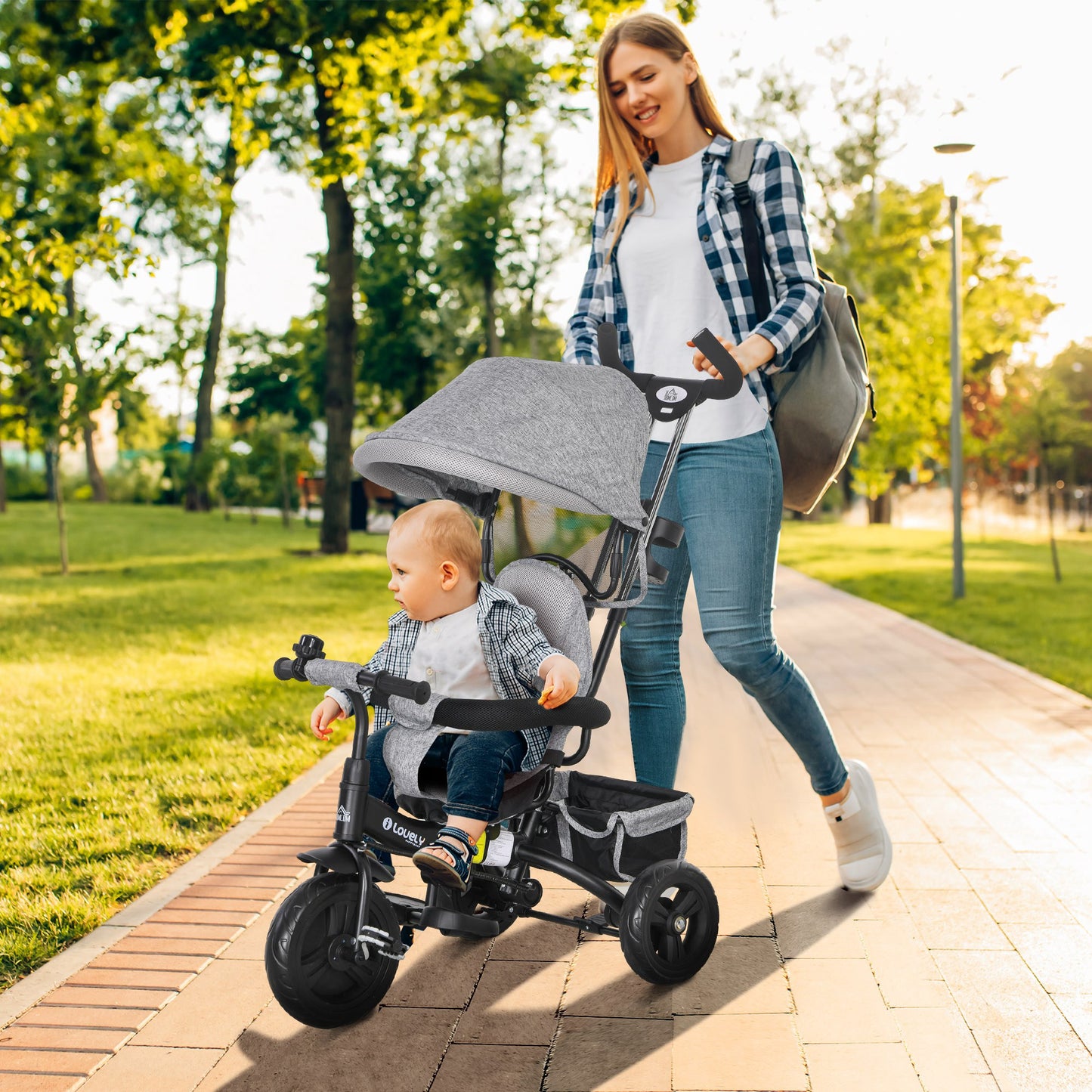 6 in 1 Kids Trike Push Bike w/ Push Handle, Canopy