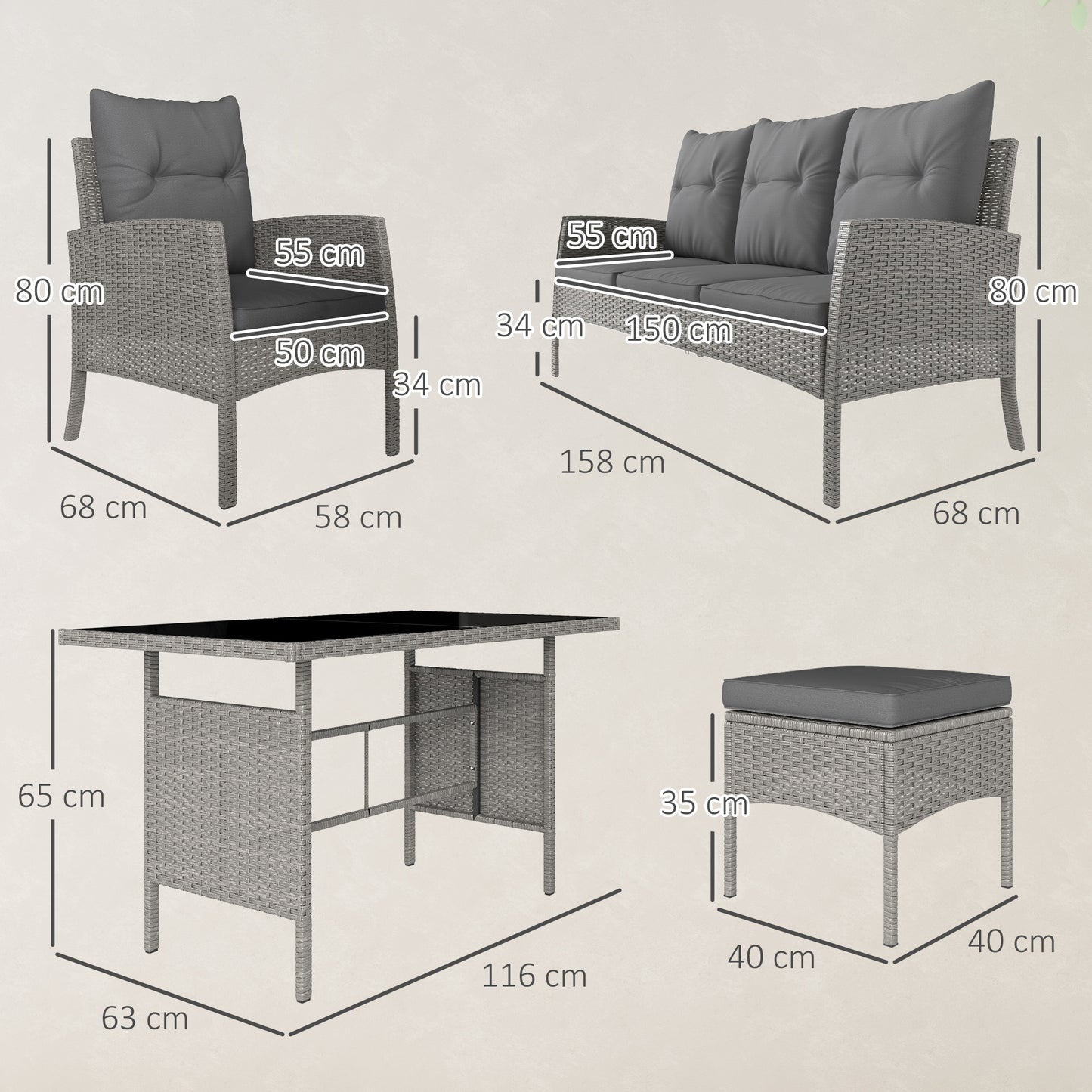5 Seater Rattan Garden Furniture Set, 6 Piece Garden Sofa Set