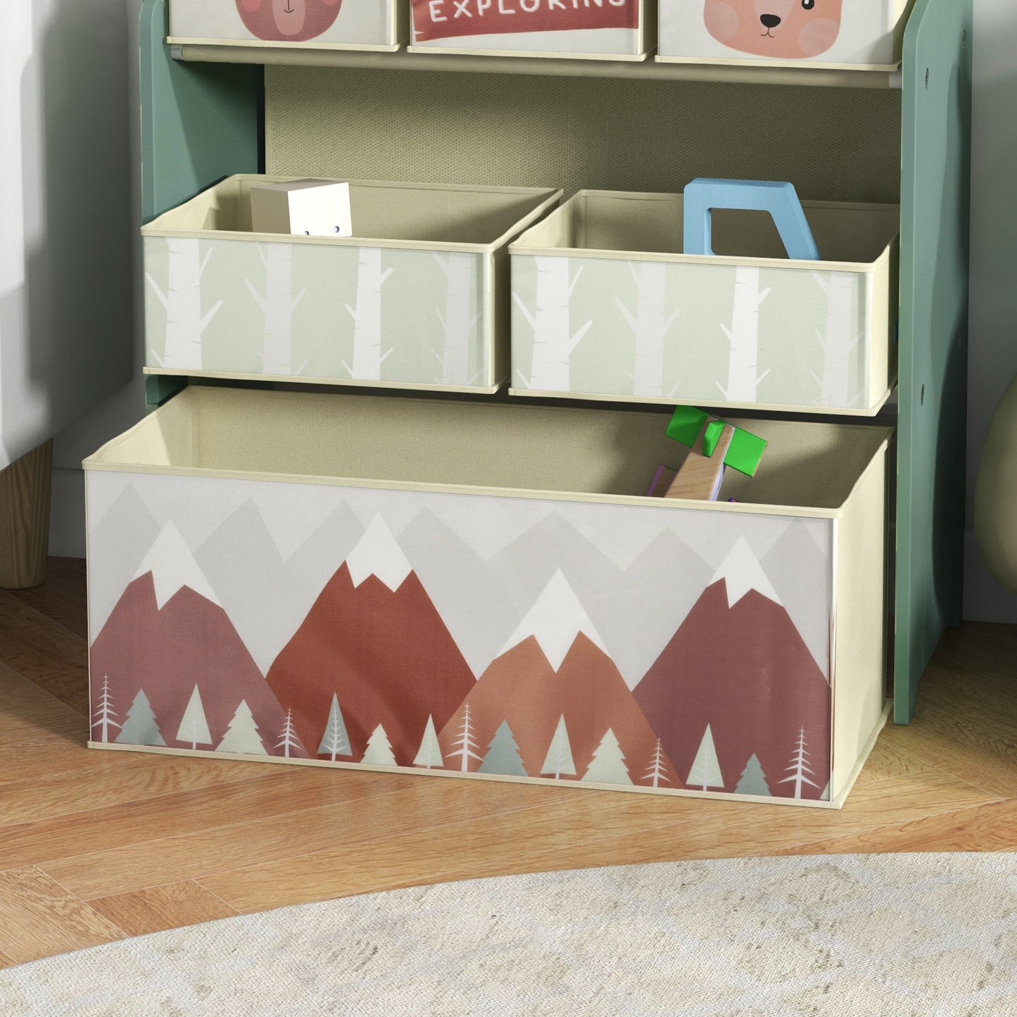 Toddler Bed Frame, Kids Storage Shelf Unit with 6 Fabric Bins