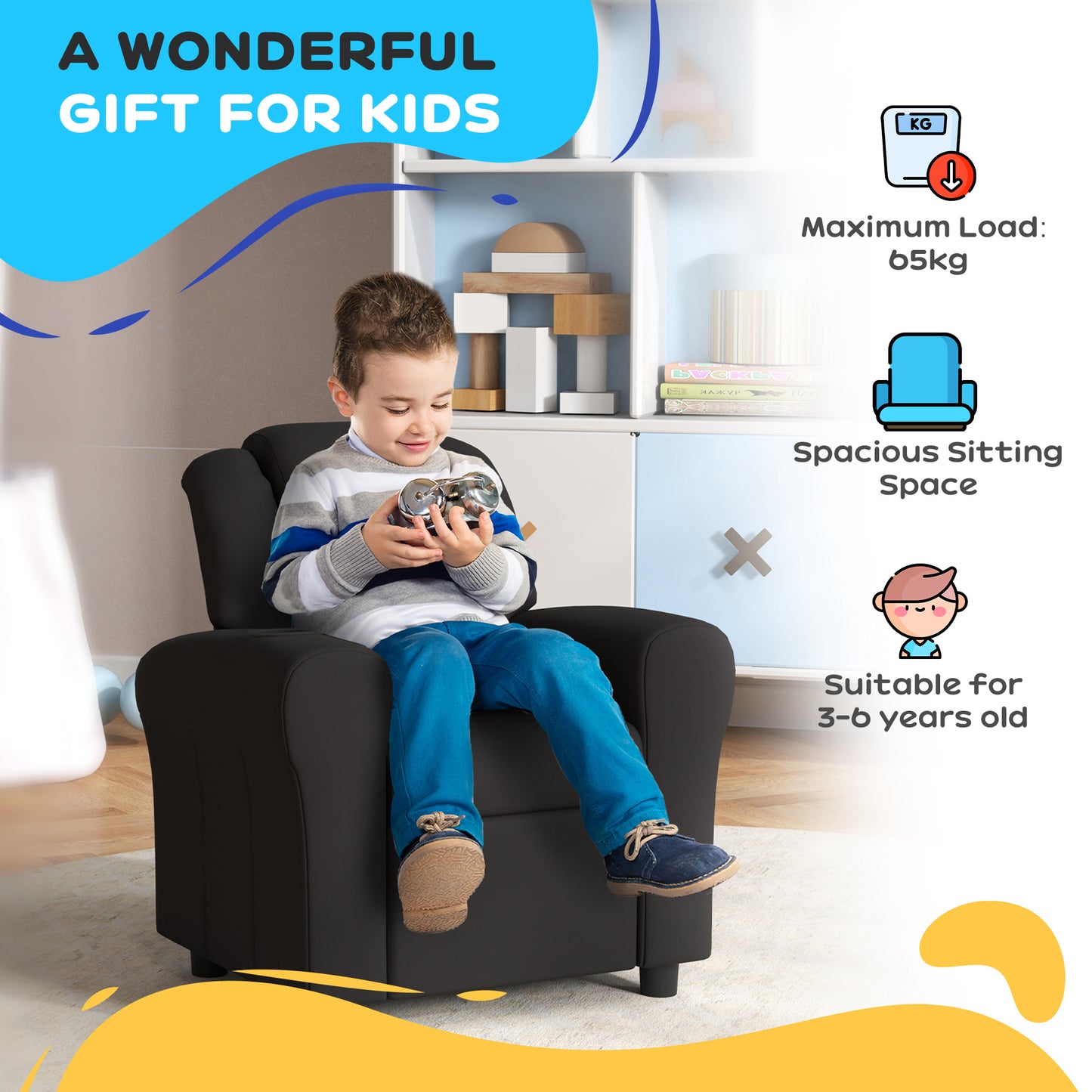 Kids Recliner Chair, PU Leather with Adjustable Backrest, Footrest