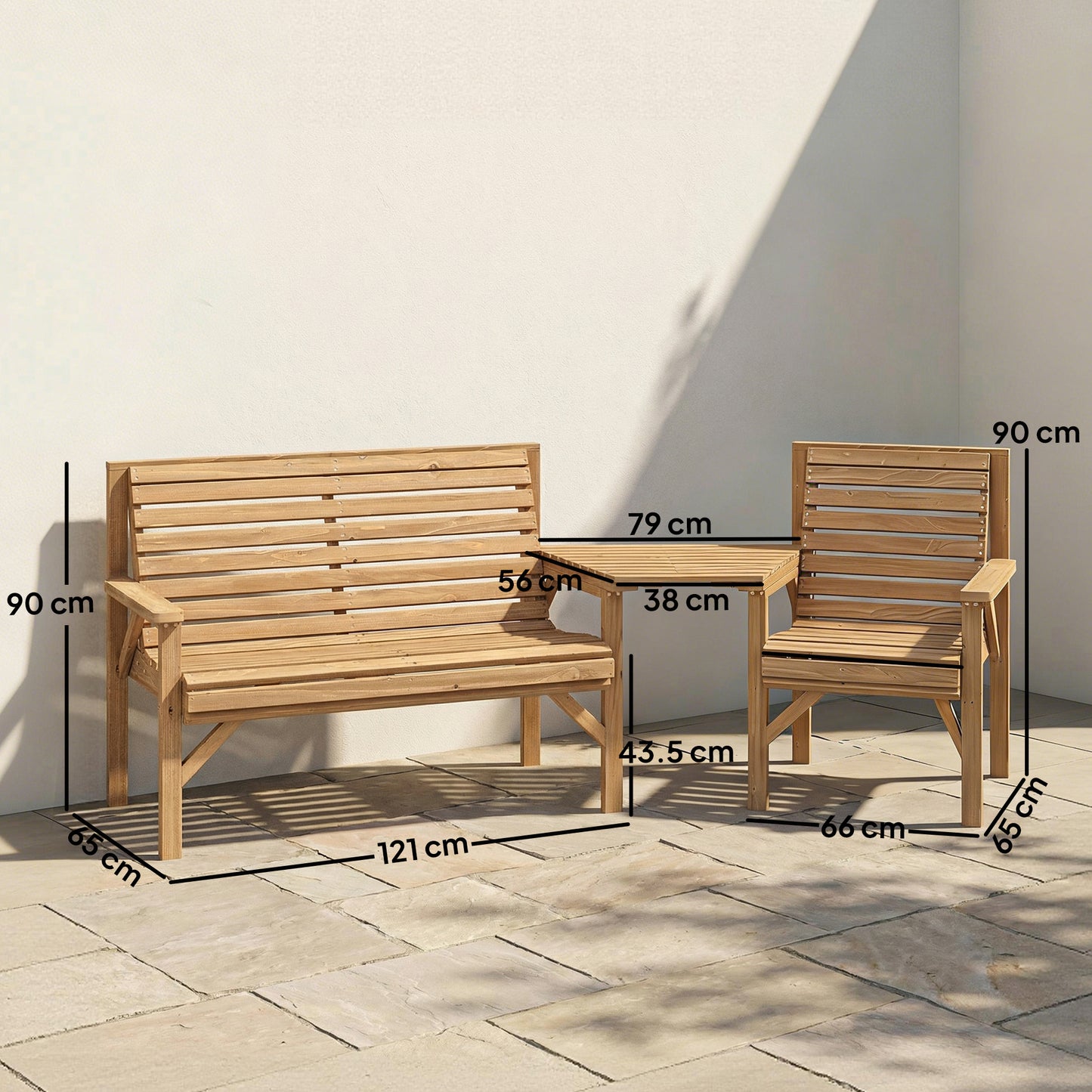 Wooden Garden Furniture Set , 1 Chair, 1 Bench and Detachable Table